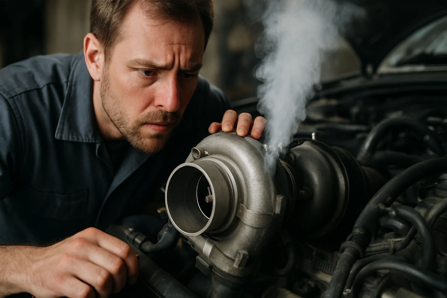 Mechanik kontroluje turbínu s unikajúcim dymom