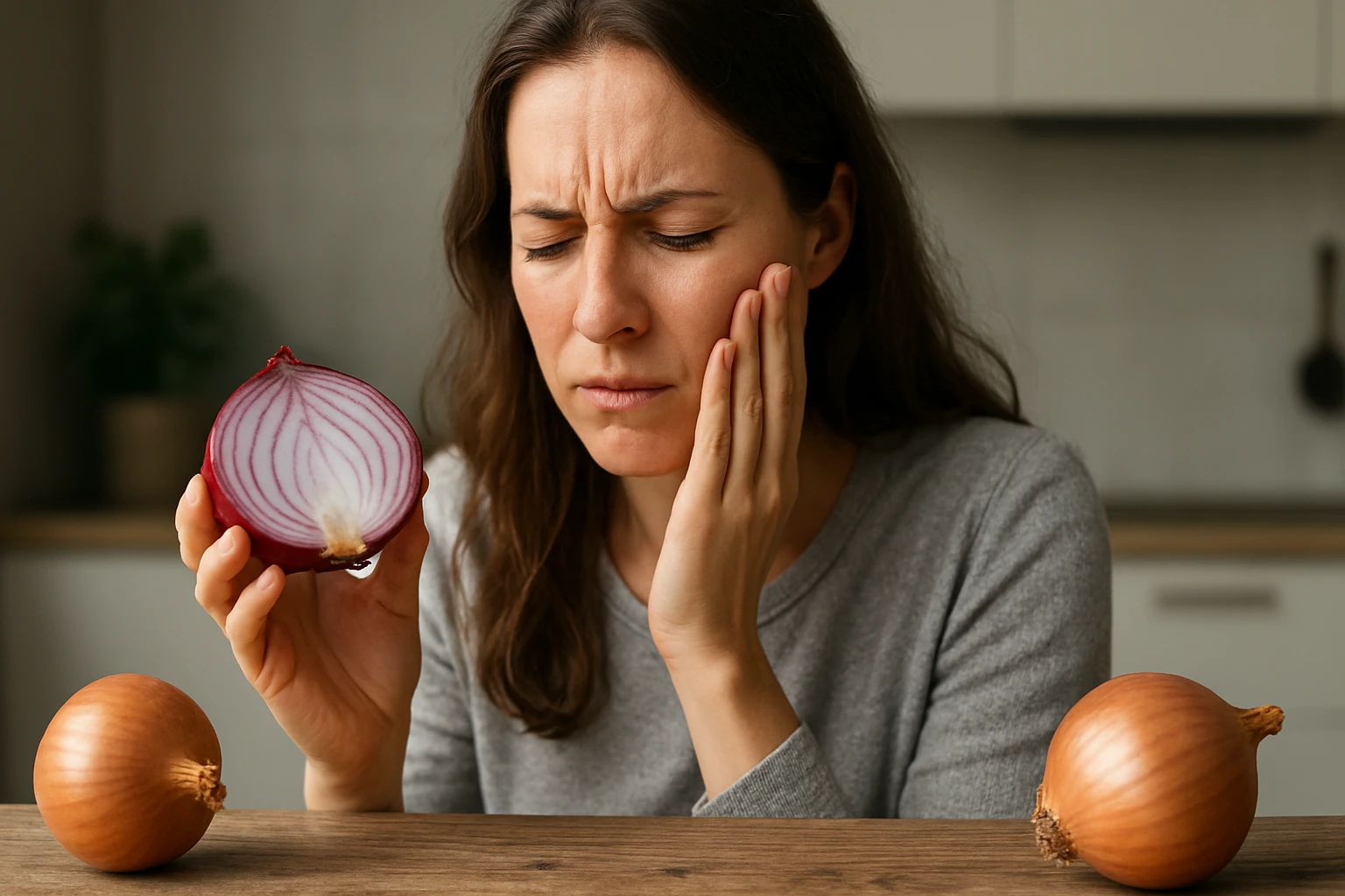 Žena drží cibuľu a drží si tvár od bolesti.
