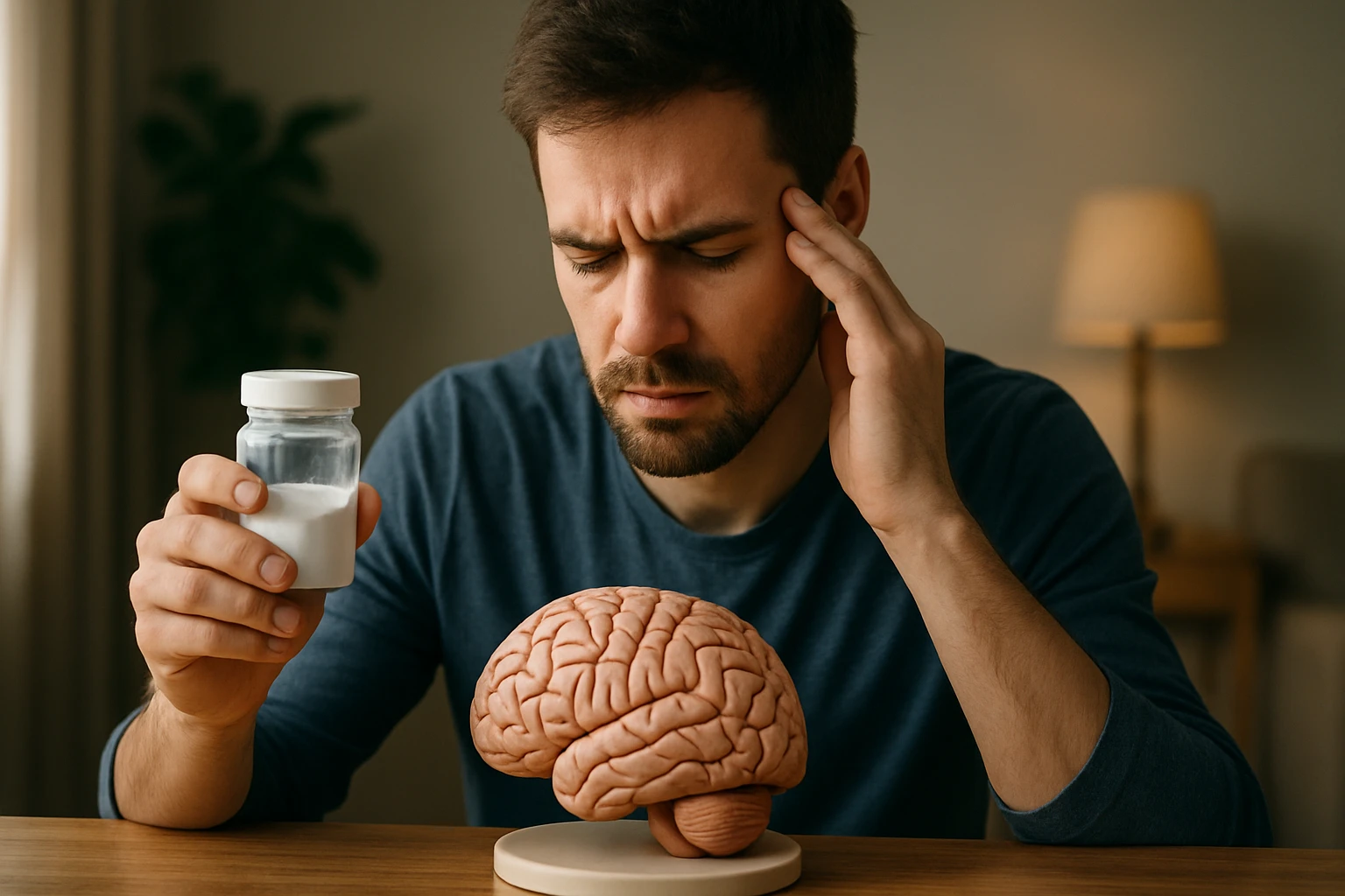 Muž so sochou mozgu a nádobou glutamínu, premýšľa o zdraví mozgu.