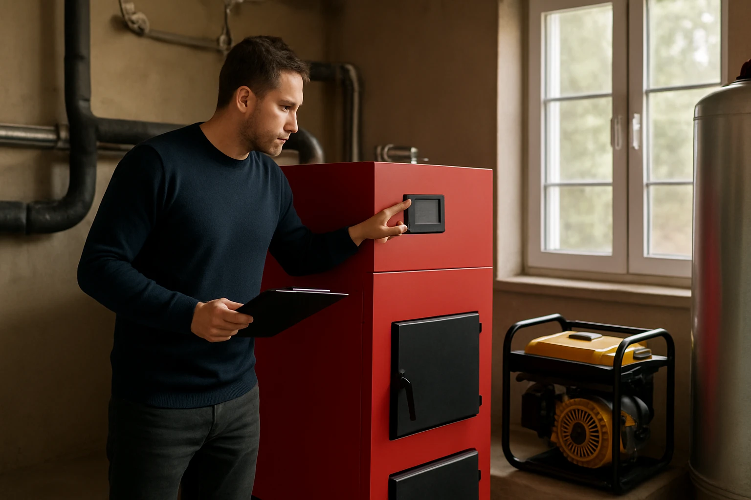 Muž kontroluje splyňovací kotol a generátor v domácnosti.