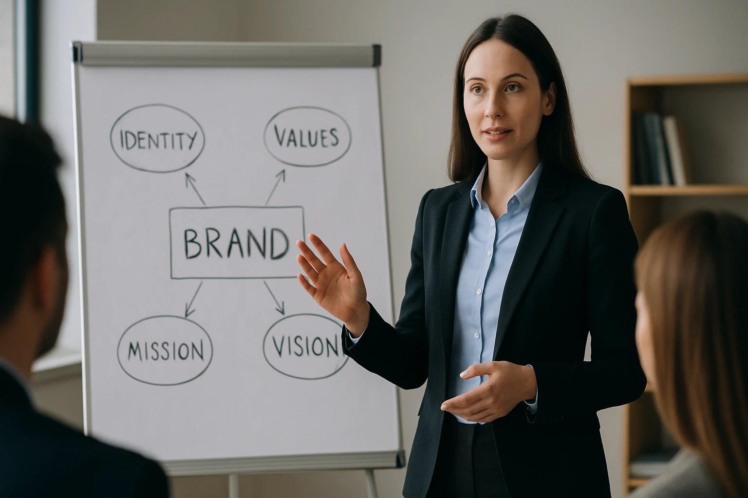 Žena predstavuje osobnú značku a jej základné prvky na školení.