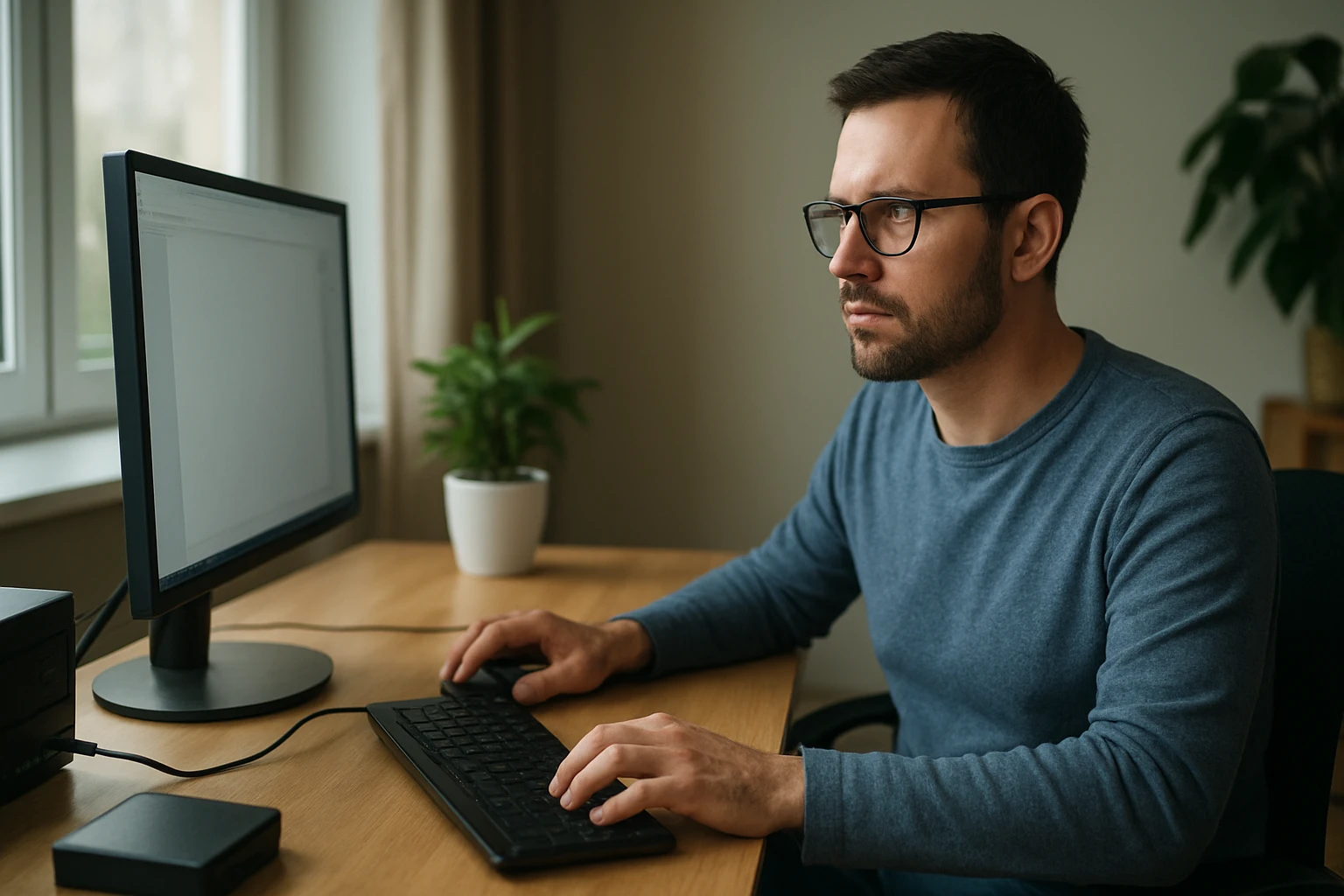 Muž pracujúci na počítači s obrazovkou a klávesnicou.
