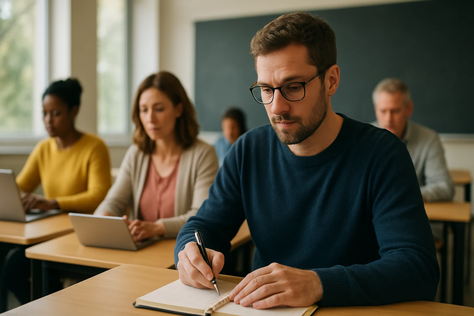 Muži a ženy sa vzdelávajú v triede s notebookmi.