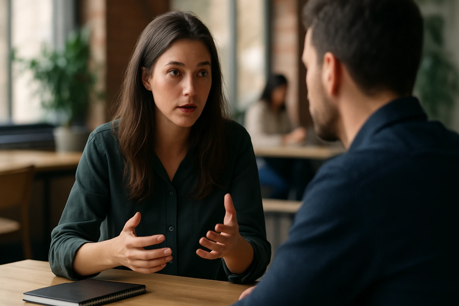 Introvert diskutuje s partnerom v kaviarni o komunikácii a vzťahoch.