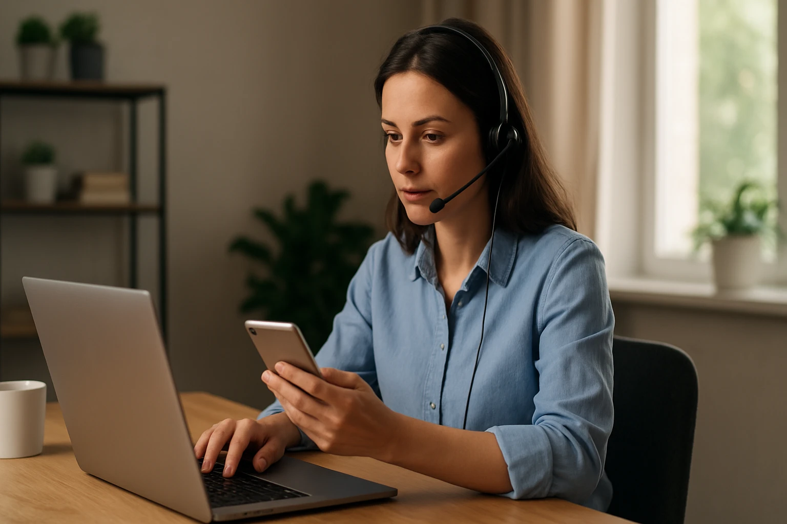 Žena s headsets a laptopom pri virtuálnom asistentovi