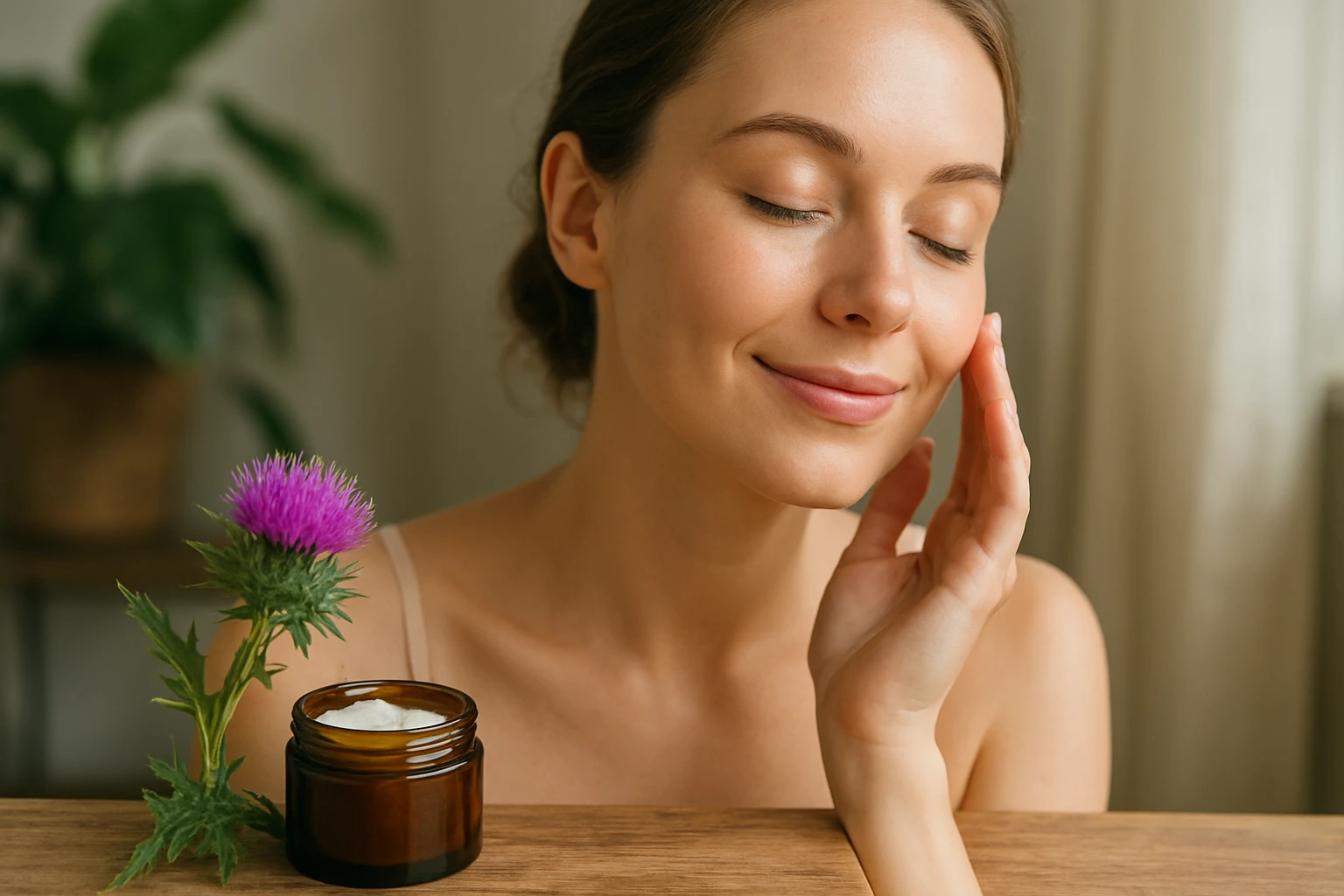 Žena s krásnou pleťou aplikujúca krém s pestrecom mariánskym.