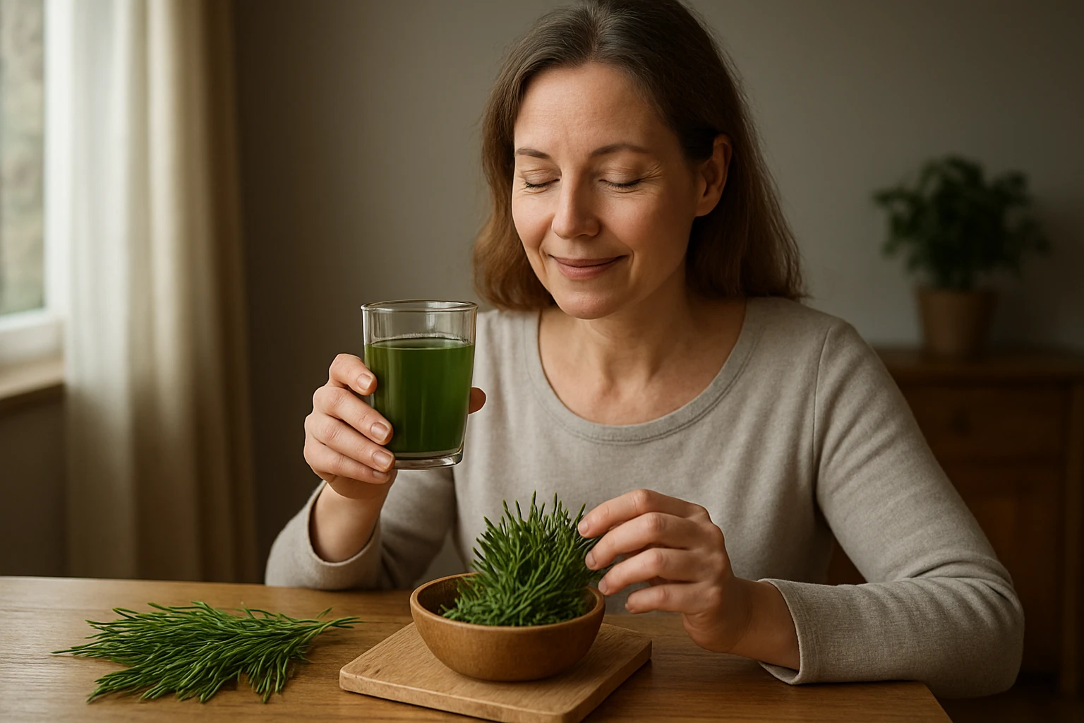 Žena s pohárom zelenej šťavy a puškvorcom na stole