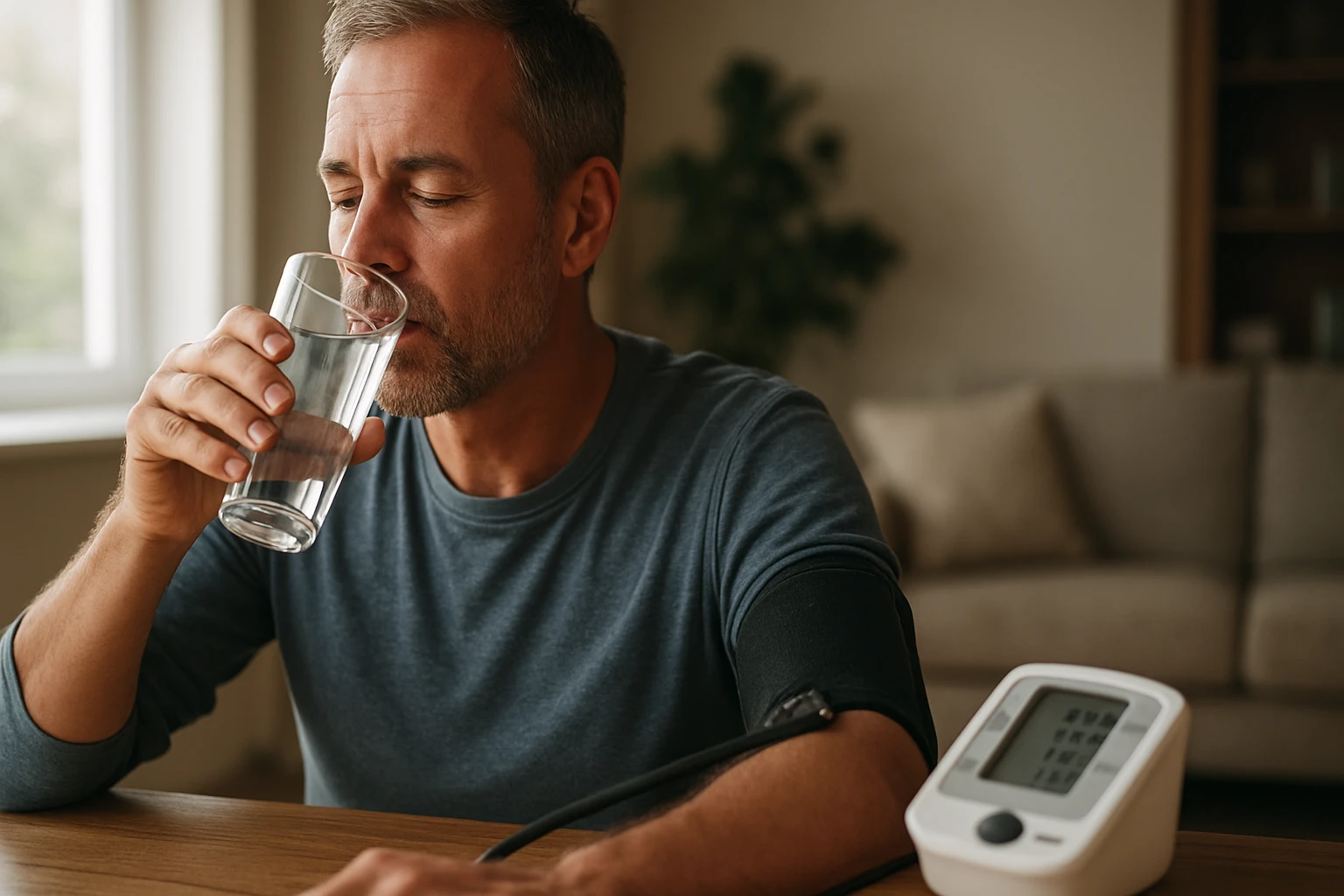 Muž pije vodu a kontroluje krvný tlak s prístrojom