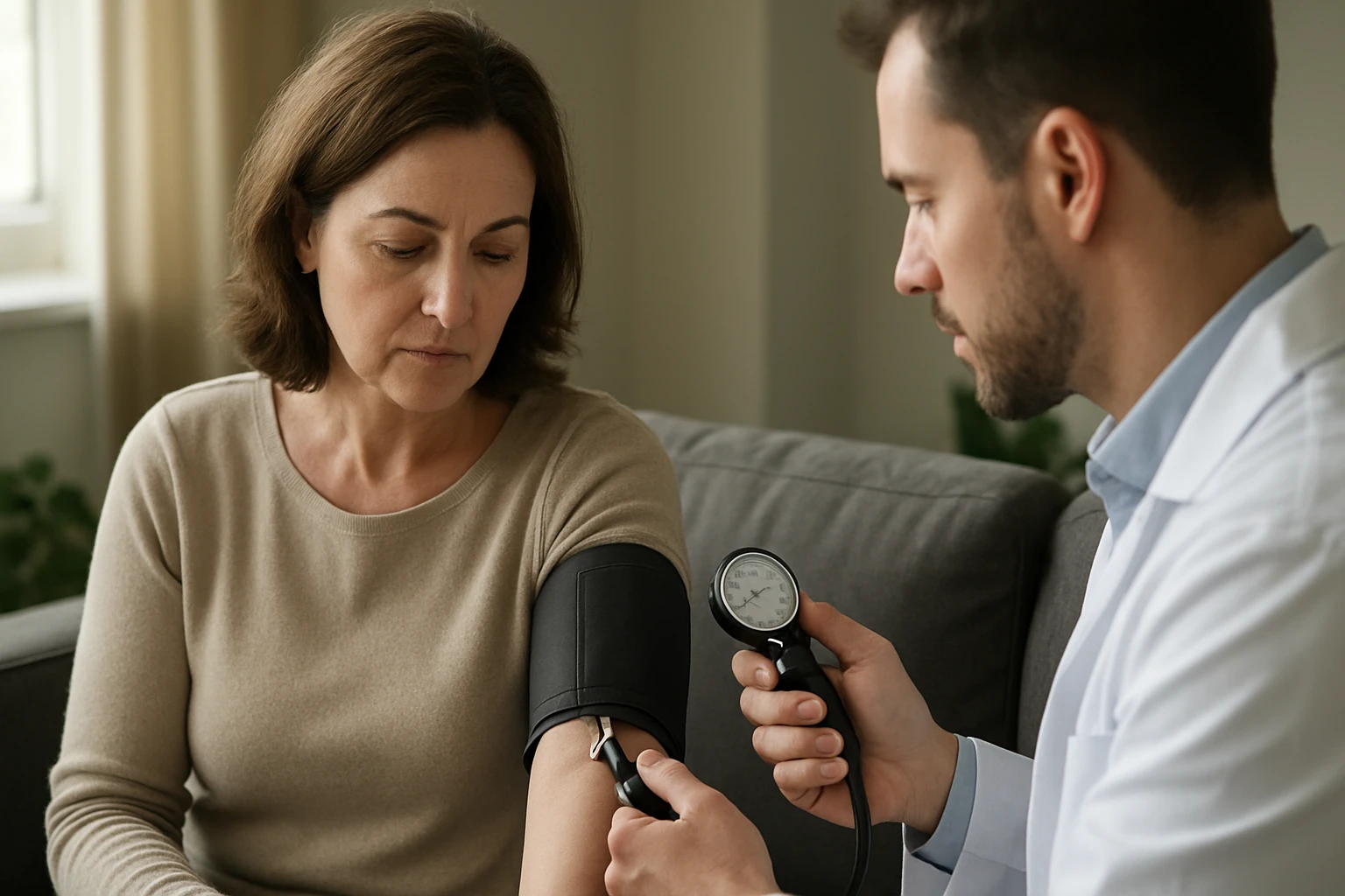 Lekár merajúci krvný tlak pacientovi pomocou tonometra.