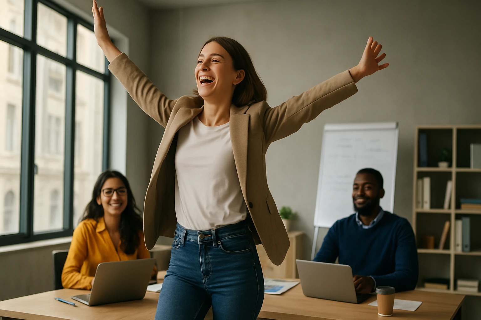 Učiteľka oslavuje kariérny skok v modernom kancelárskom prostredí.
