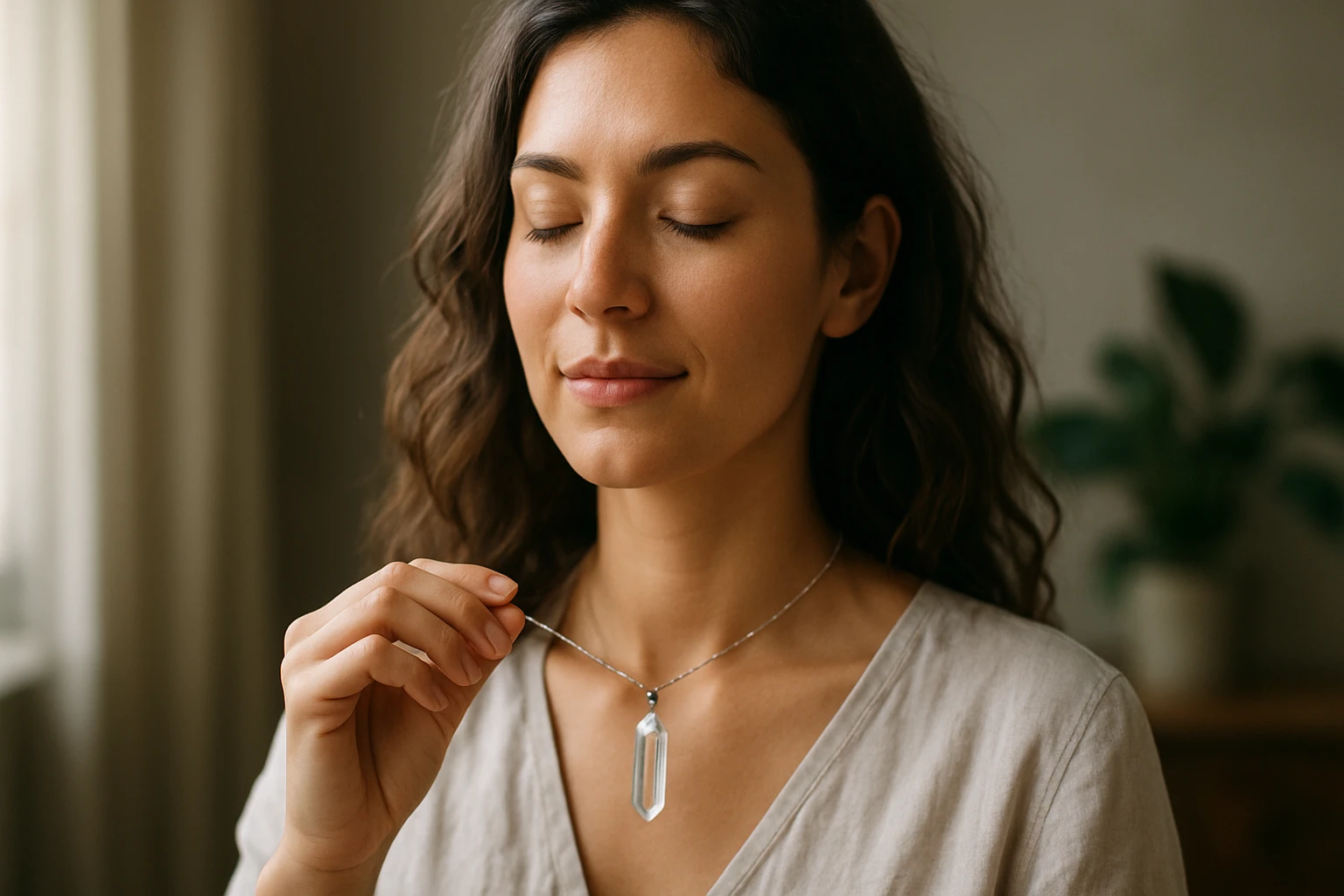 Žena s krištáľovým náhrdelníkom, prežívajúca energetický boost.
