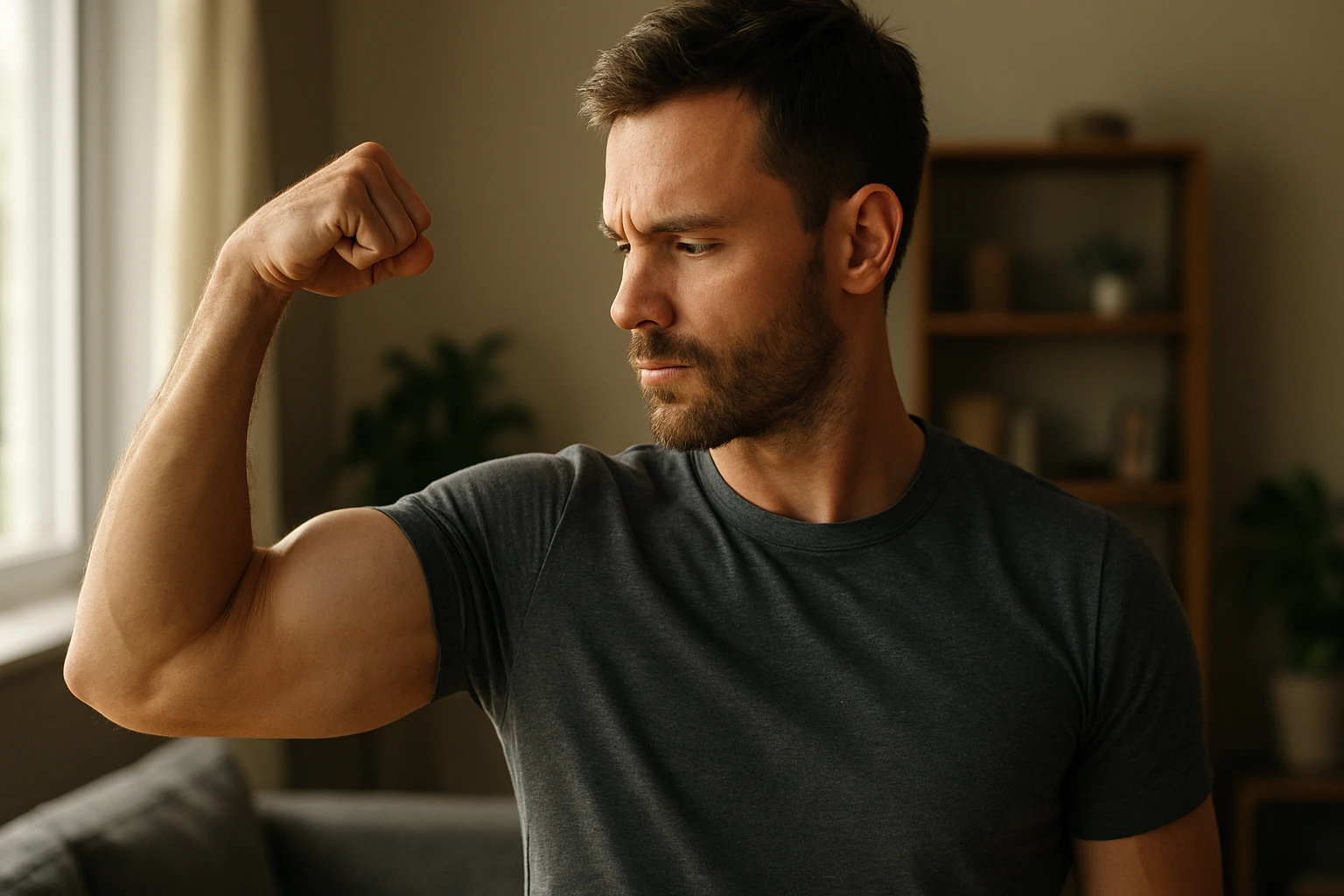 Muž ukazujúci svoju svalovú silu a zdravie v interiéri