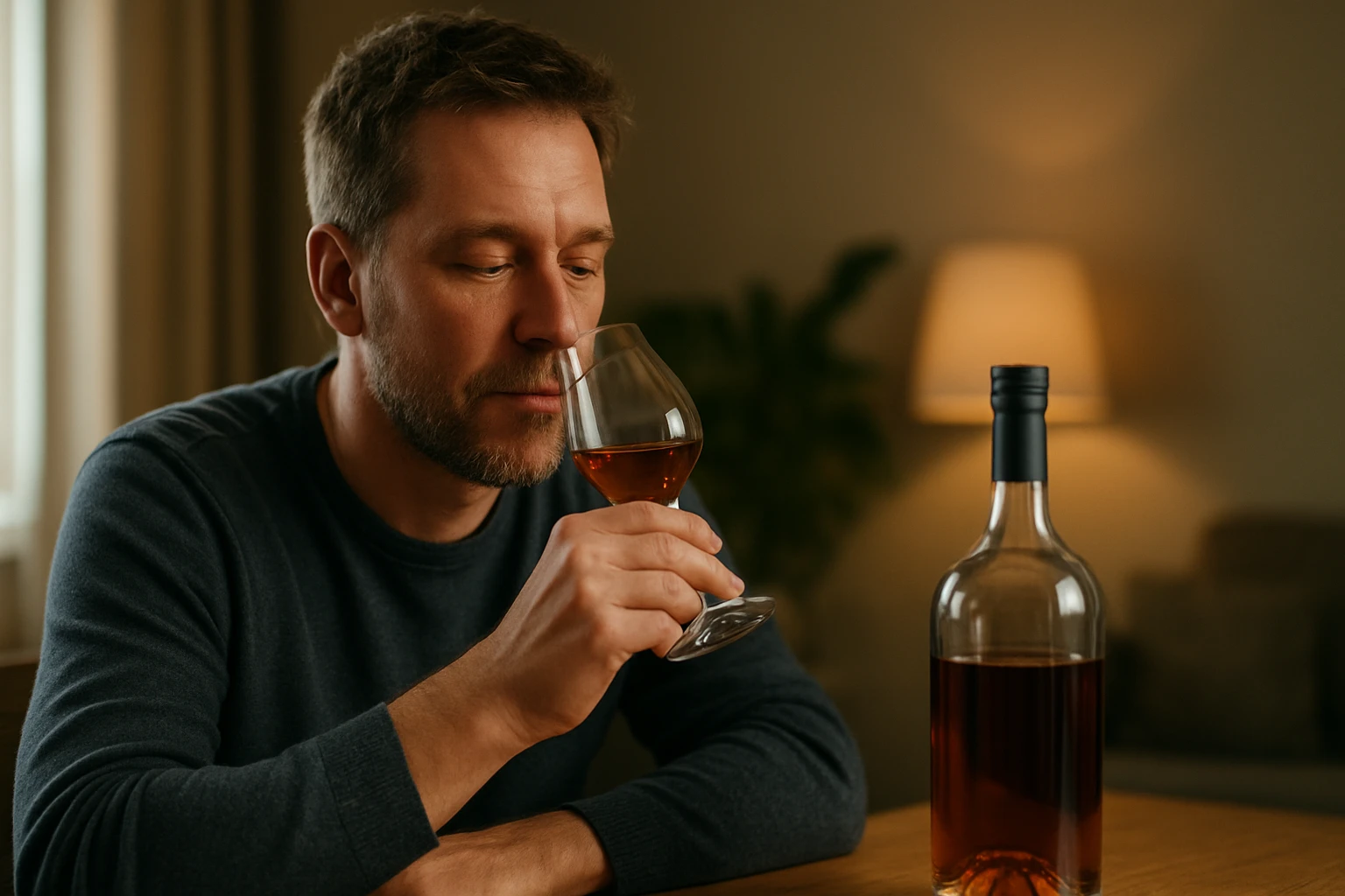Muž vychutnáva koňak v pohári pri osvetlenom stole