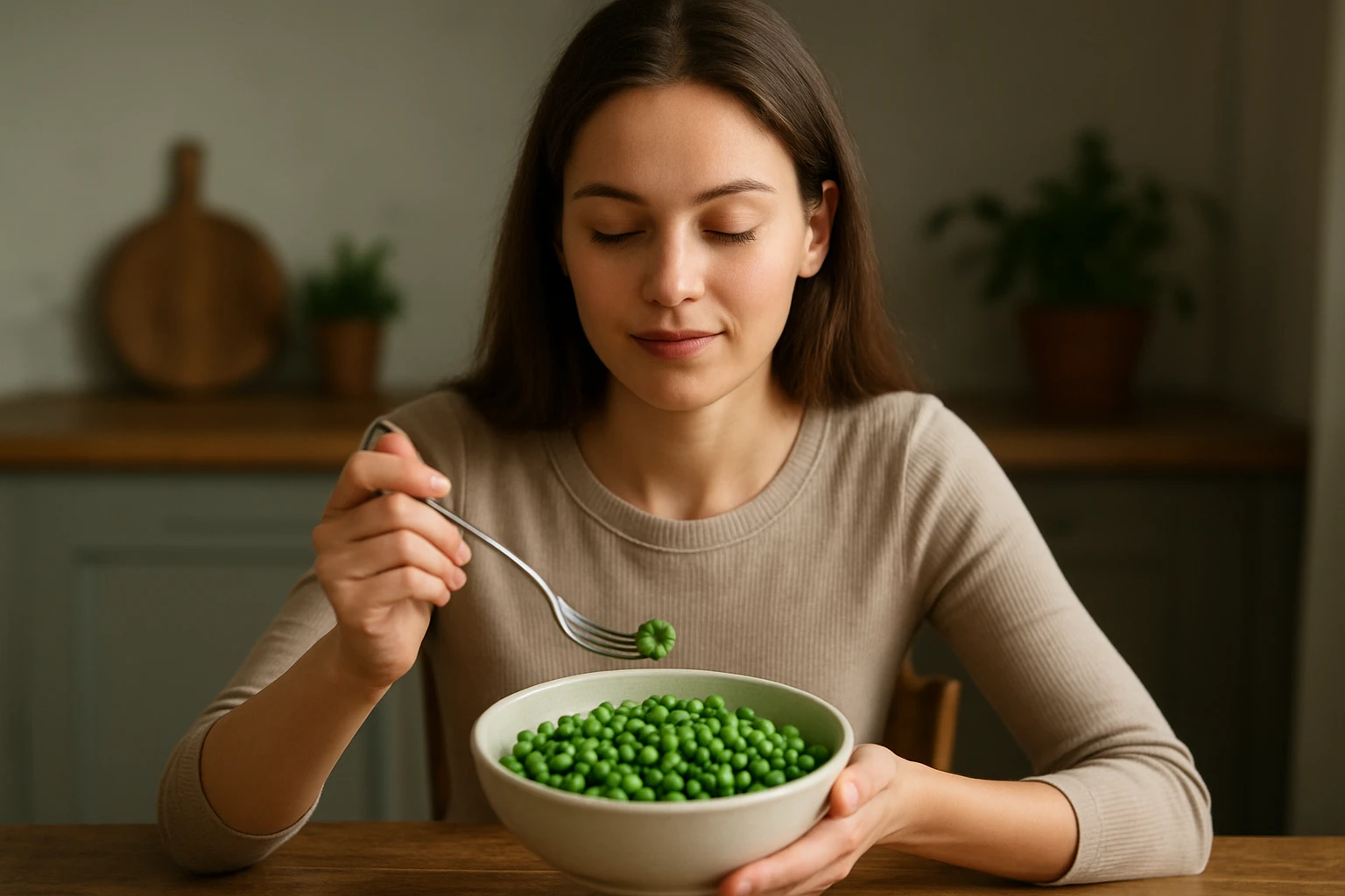 Žena si vychutnáva čerstvý hrášok zo misy