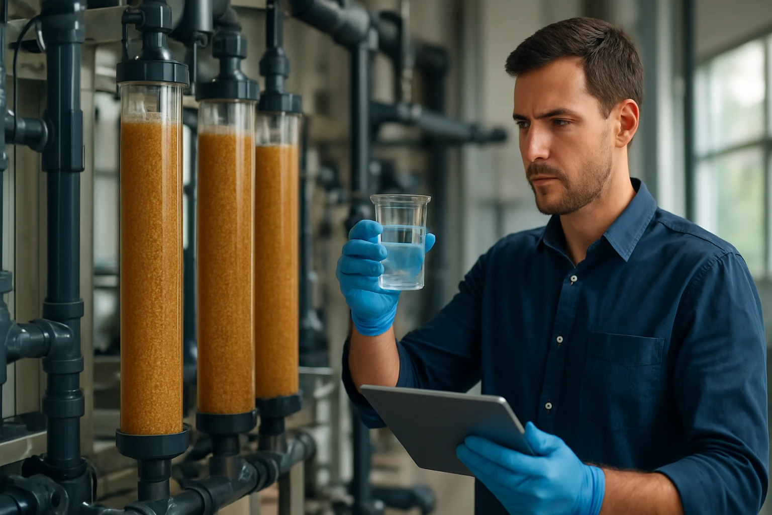 Muž skúmajúci kvalitu vody s iónomeničmi vo vodnom hospodárstve.