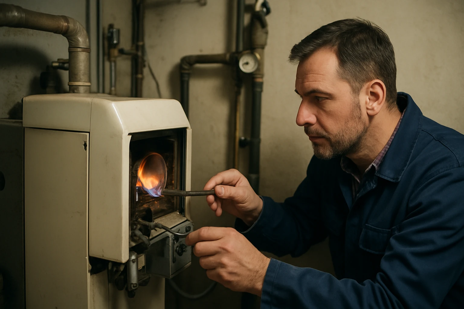 Technik upravuje olejový horák pre efektívny vykurovací systém.