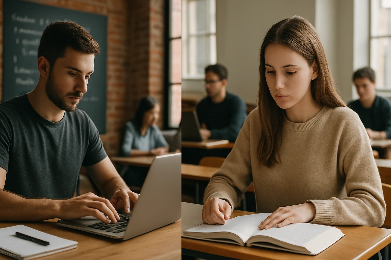 Študenti sa učia v triede, porovnávajúci bootcamp a univerzitu.