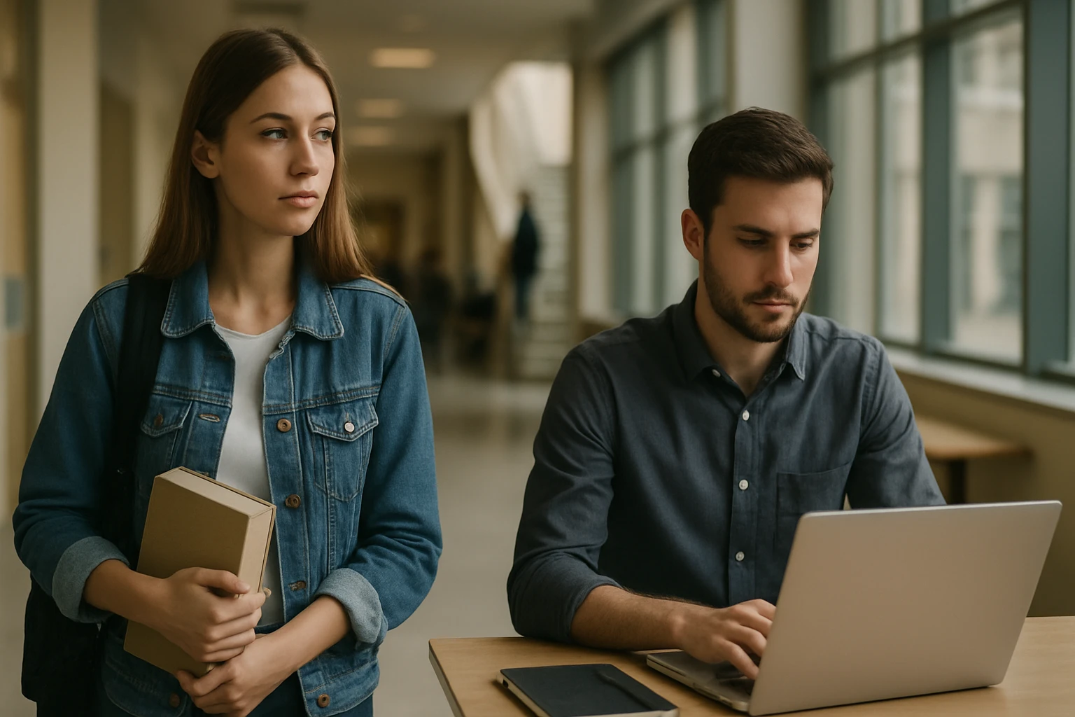 Študenti diskutujúci o voľbe medzi univerzitou a praxou