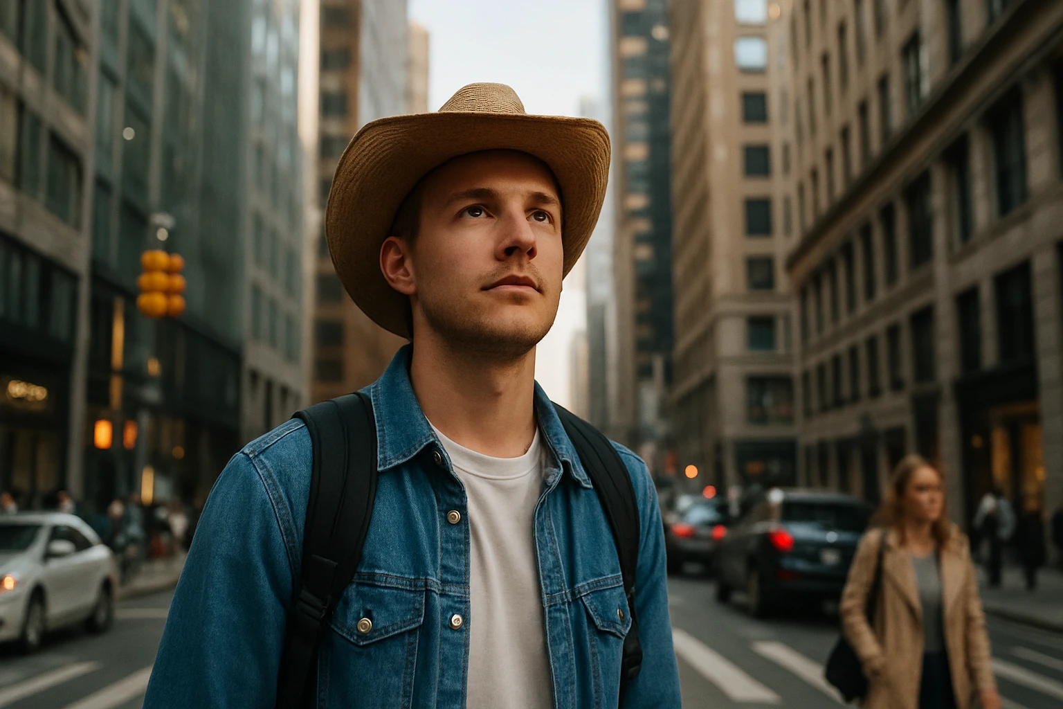 Mladý muž z vidieka v veľkomeste s klobúkom, hľadí na budovy.