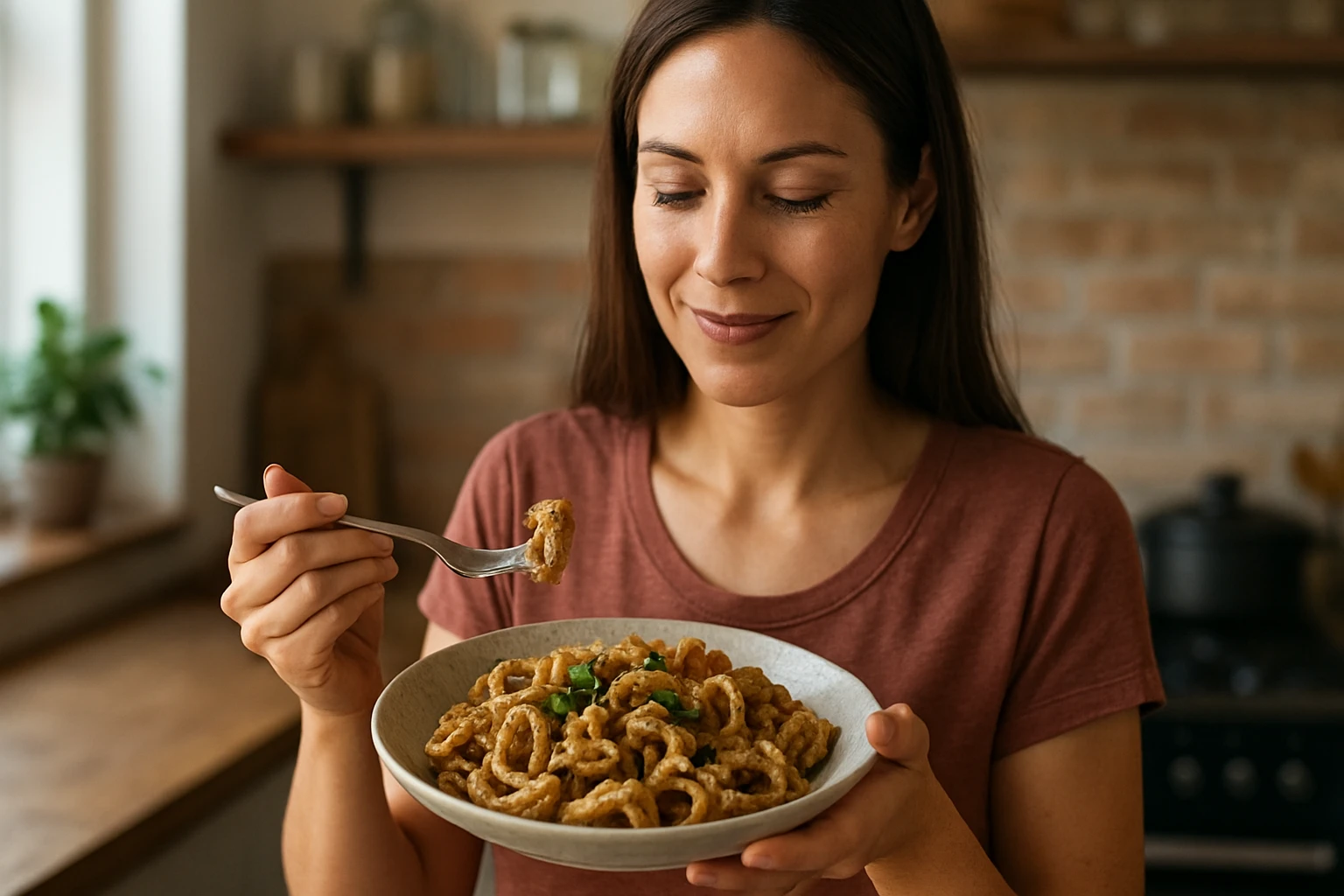 Žena s tanierom držiek, vychutnávajúca si zdravé jedlo.