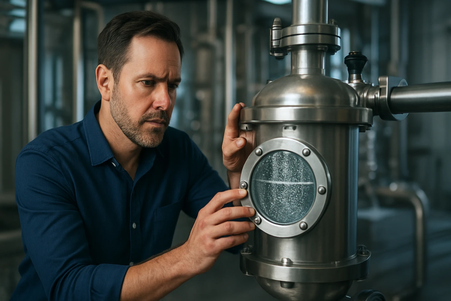 Muž kontroluje mikrobublinkový odlučovač v priemyselnom prostredí