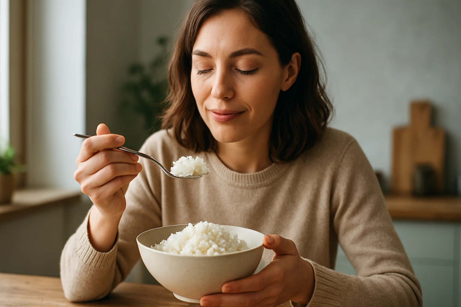 Žena vychutnáva si ryžu na tanieri, zdravý a chutný pokrm.