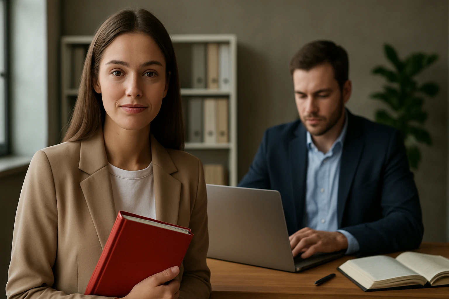 Žena s knihou, pripravuje sa na jazykový kurz, muž pracuje na laptopu.