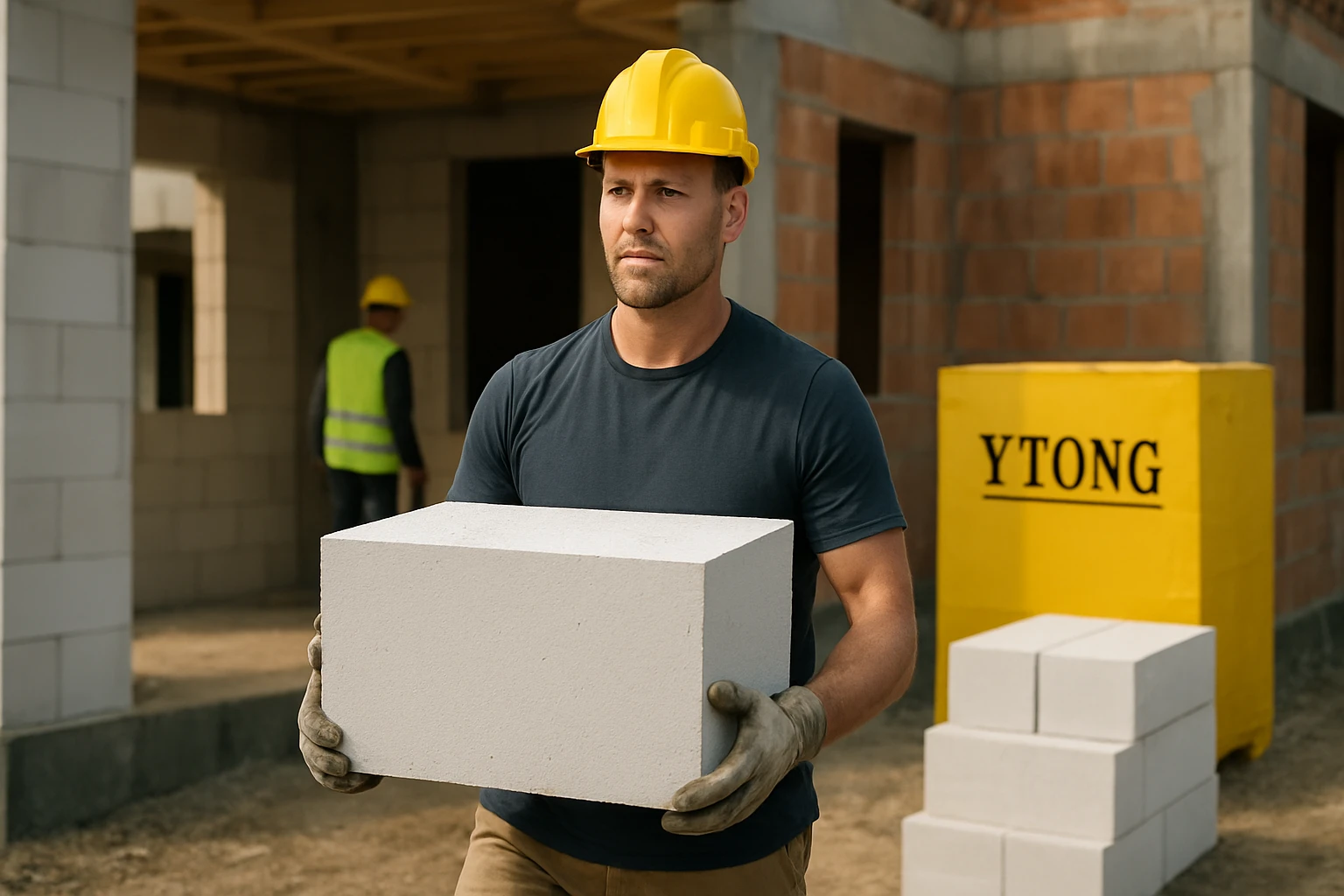 Pracovník nesie bloky Ytong na stavbe s žltou prilbou.
