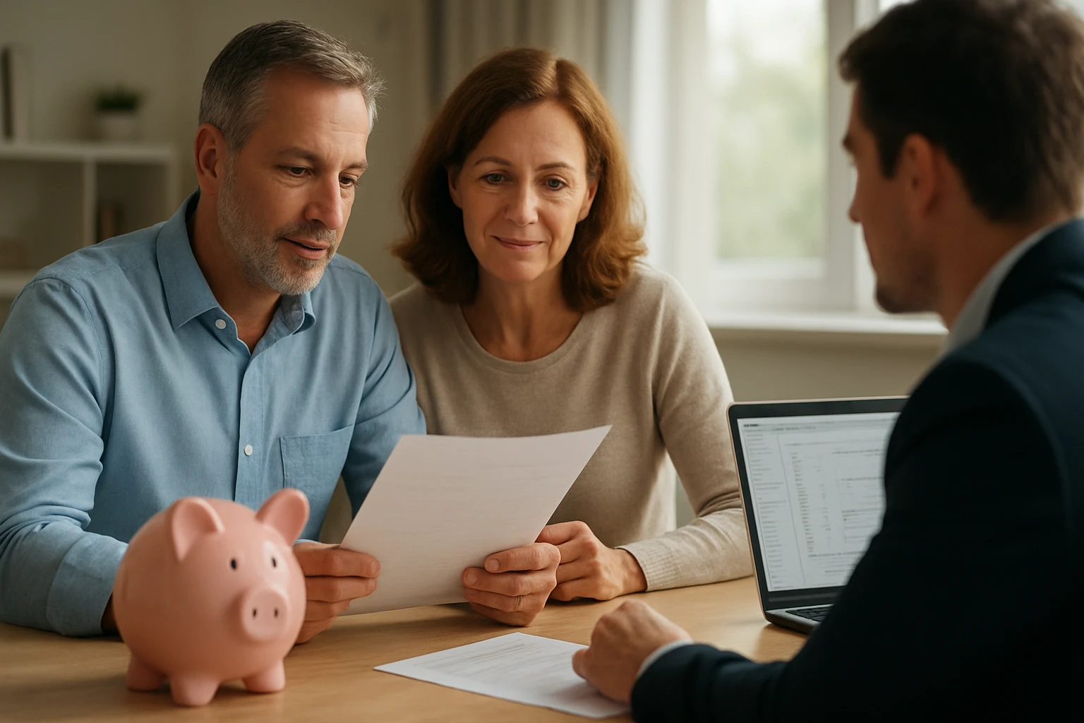 Pár diskutuje o dôchodkovom sporení s finančným poradcom.