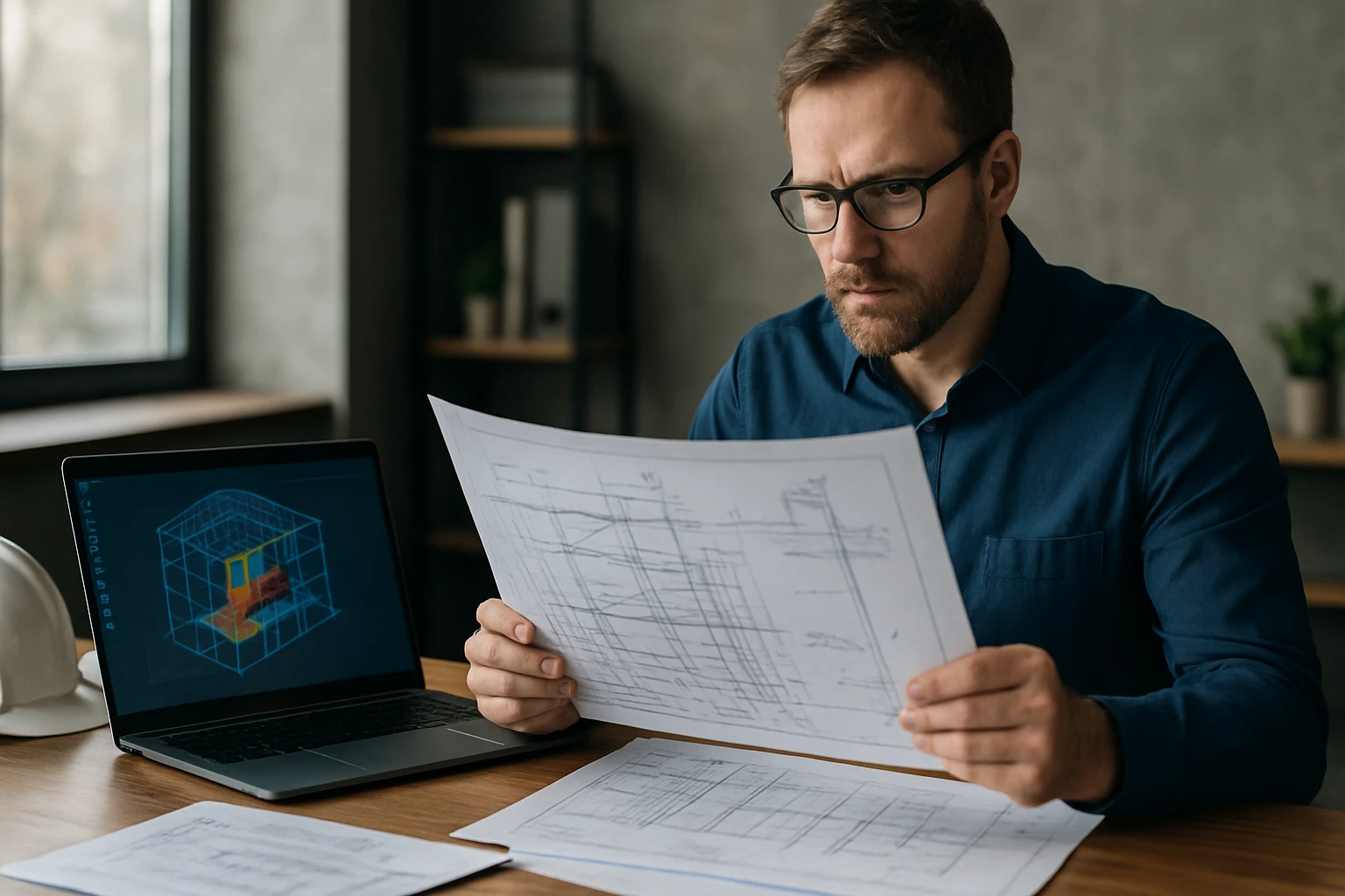 Inžinier študujúci projektovú dokumentáciu a zaťaženia
