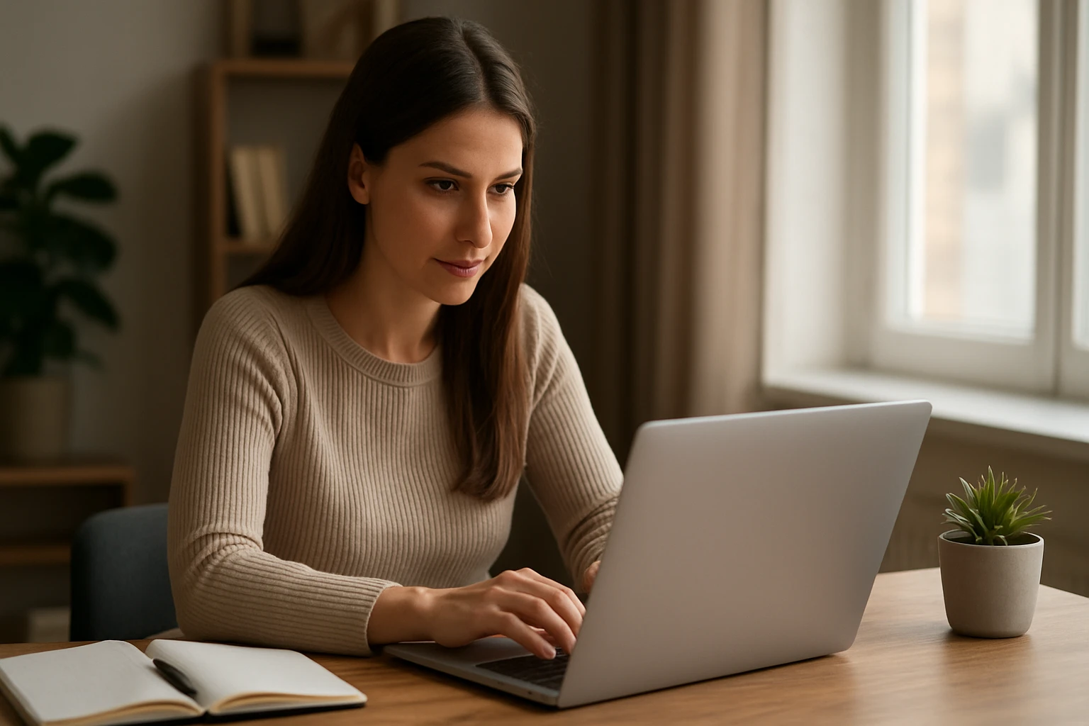 Žena pracujúca na laptopu pri stolíku s poznámkovým blokom.