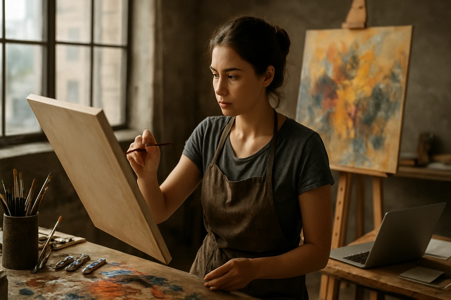 Žena maľuje na prázdne plátno v ateliéri s umeleckými potrebami.