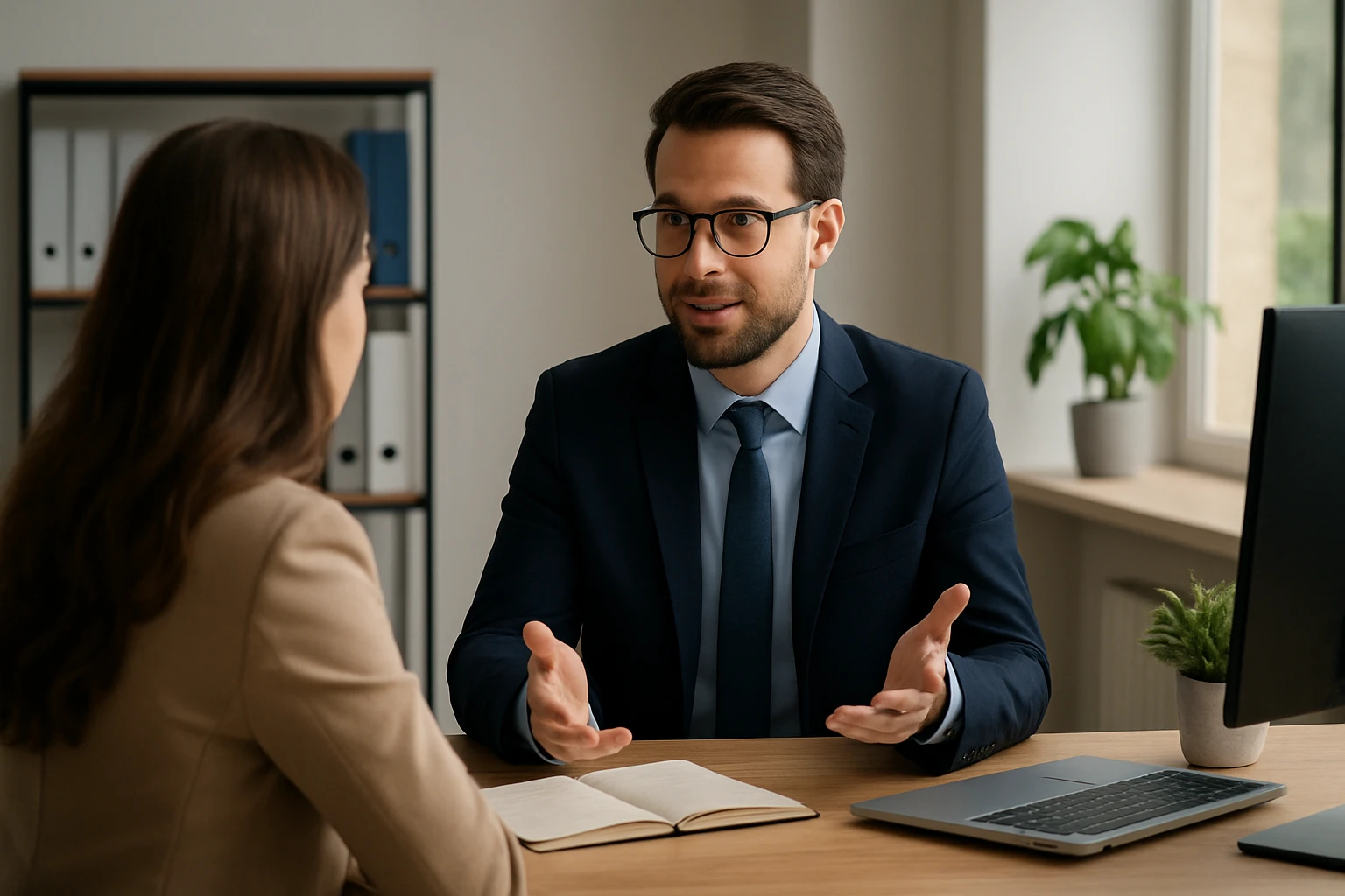 Finančný poradca diskutuje s klientom o budovaní dôvery a odbornosti.