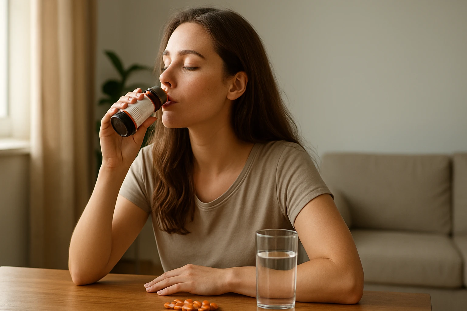 Žena pije Béres Actival pre energiu a zdravie