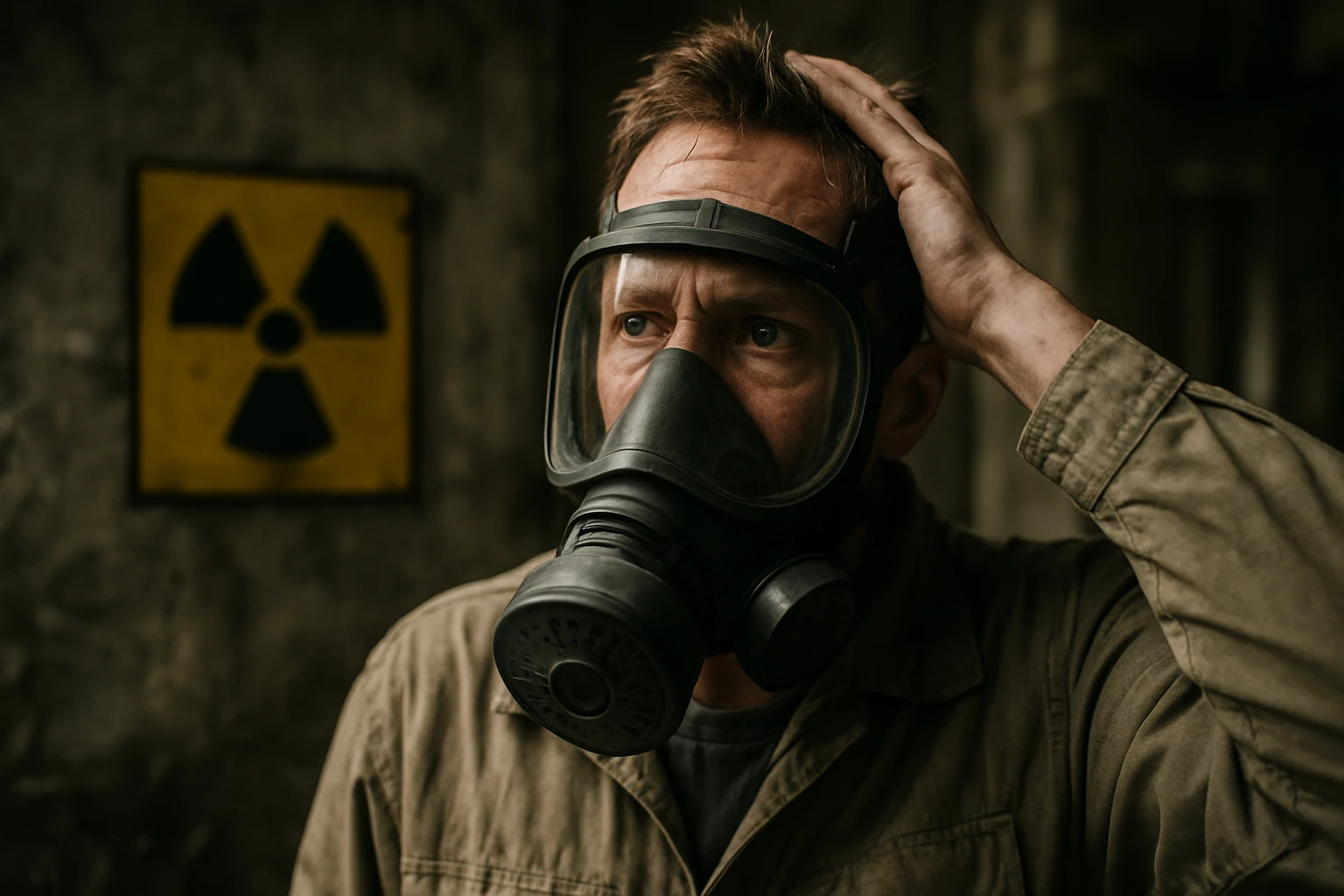 Muž v ochrannom masku v prostredí so žiarením.