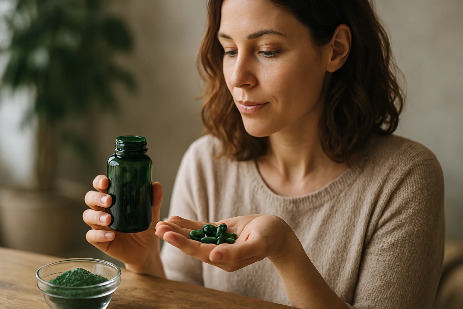 Žena skúma alga kapsuly a ekologický prášok pre zdravie.