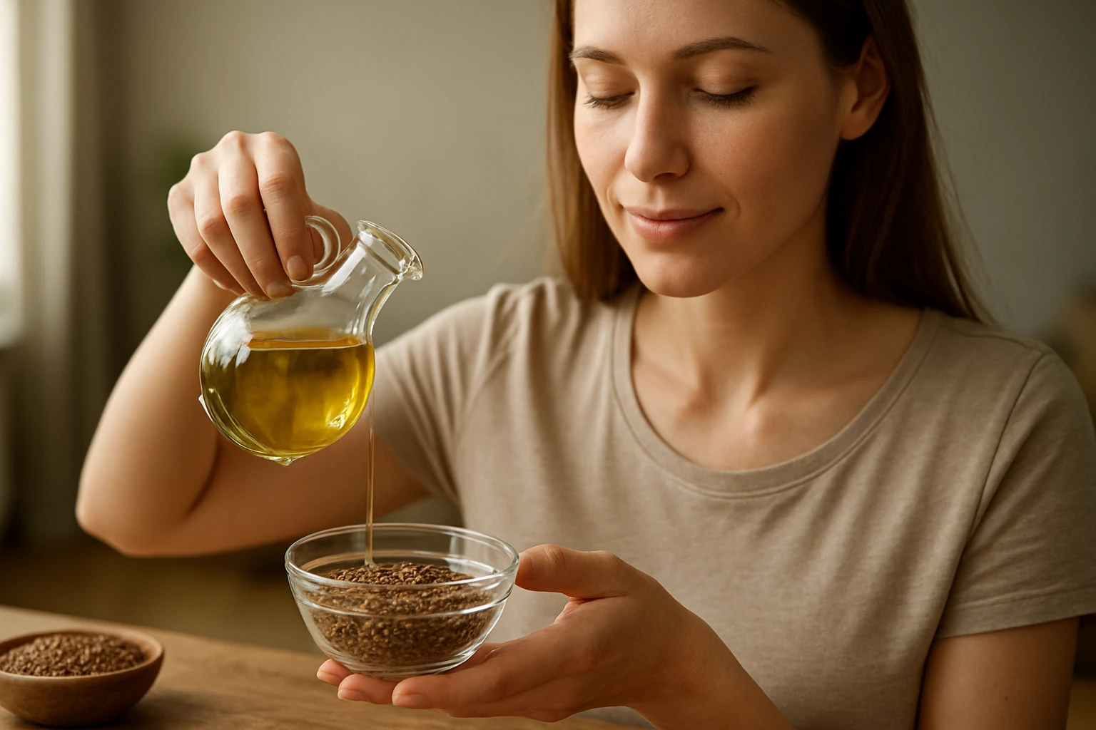 Žena nalejúca ľanový olej do misky so semienkami.