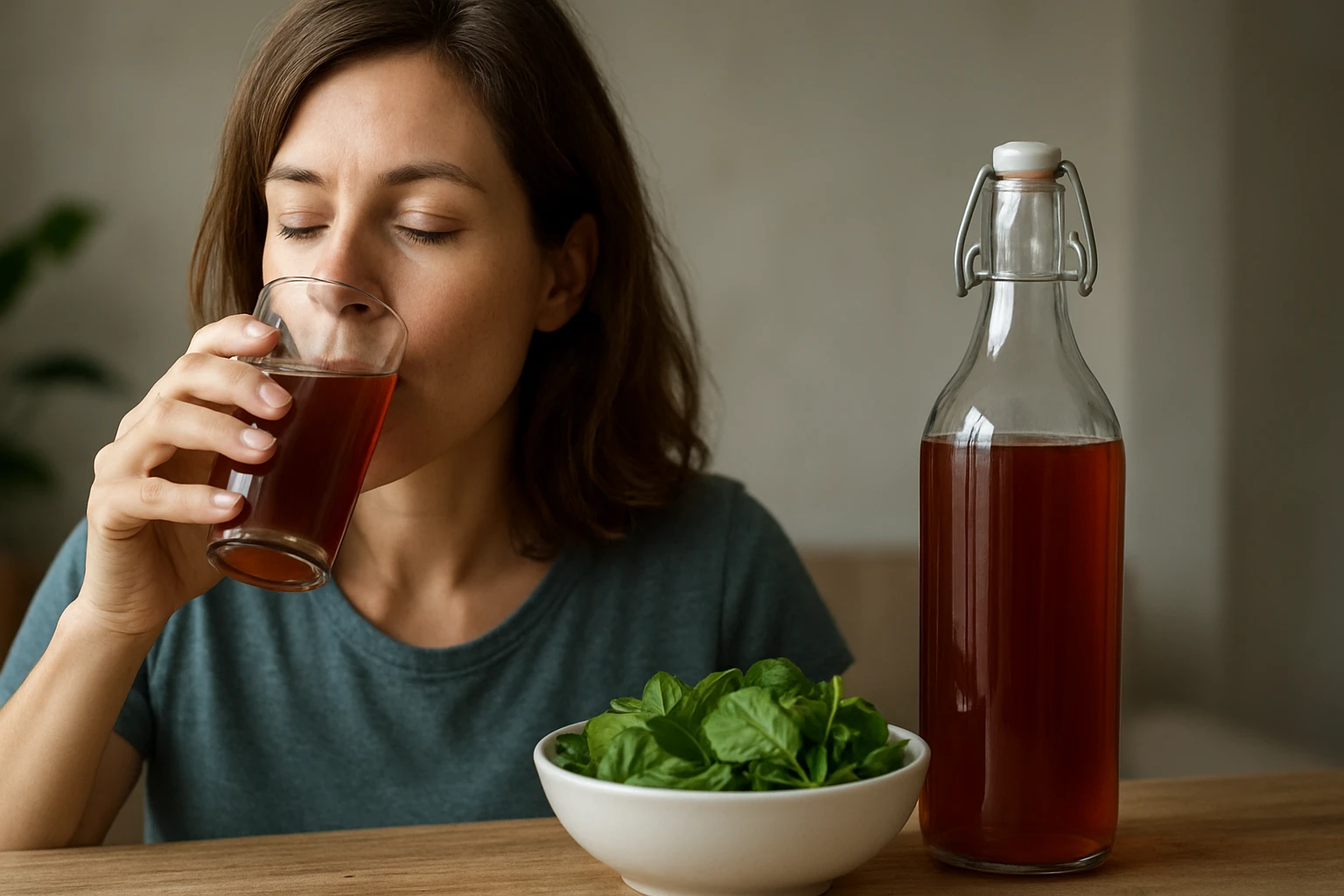 Žena pije železitú vodu z pohára vedľa fľaše a misky so špenátom.