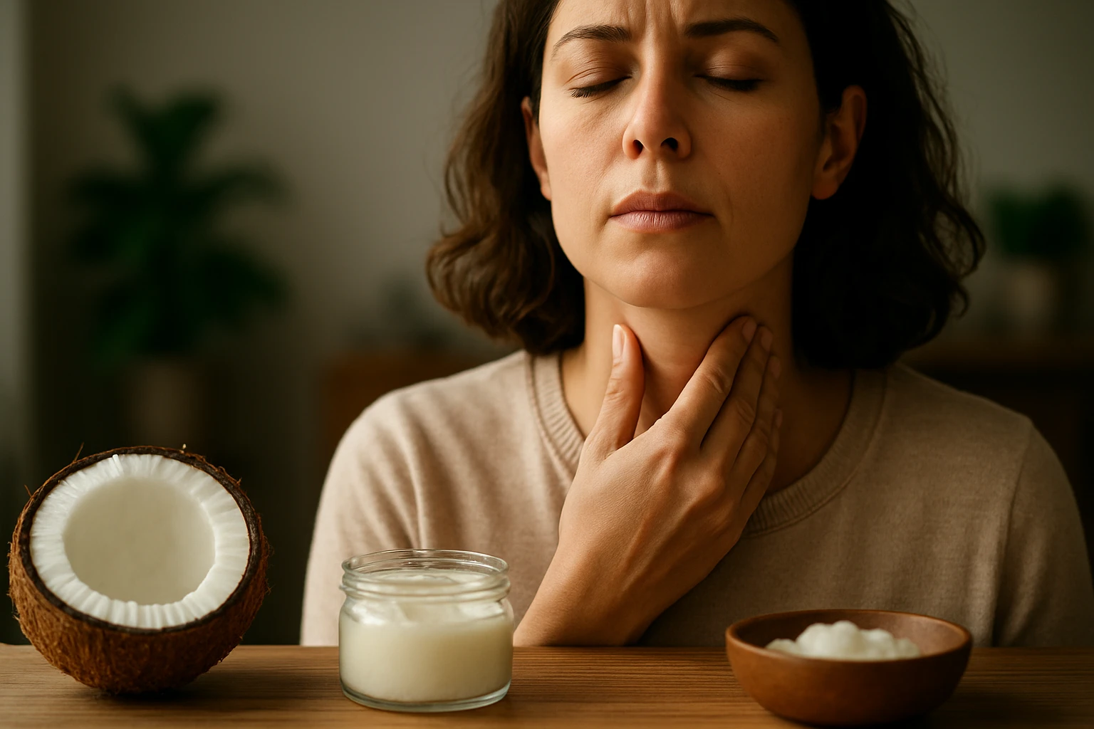 Žena sa dotýka krku, vedľa je kokosový olej a kokos