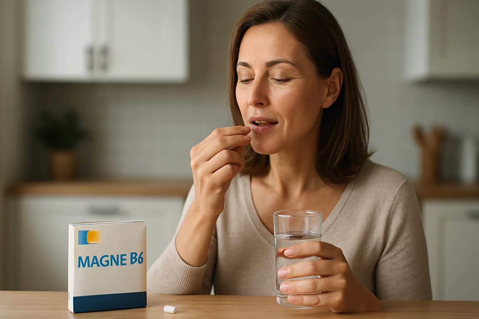 Žena užívajúca Magne B6 s pohárom vody pre zlepšenie zdravia.
