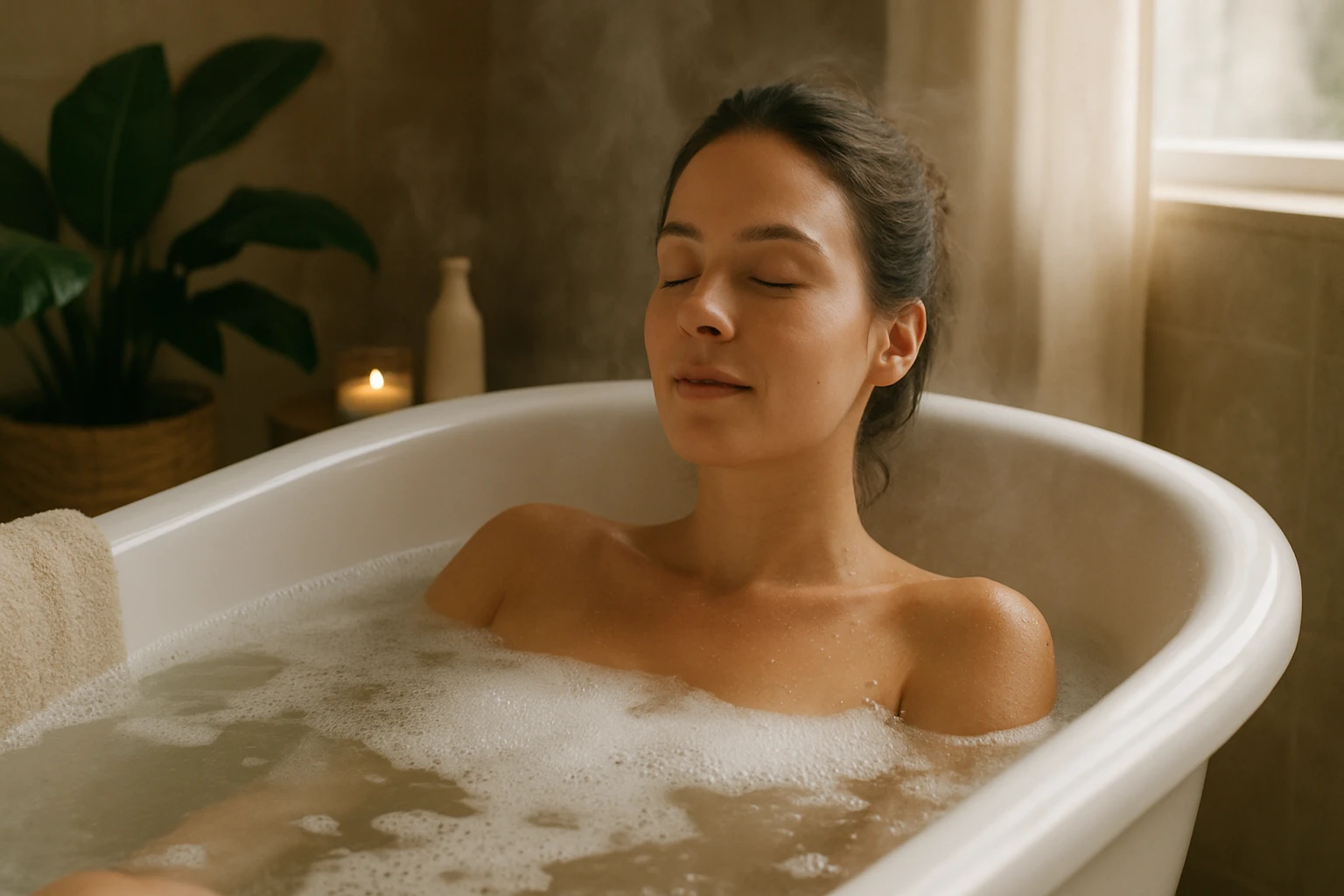 Žena relaxuje v horúcom kúpeľa, upokojujúca atmosféra so sviečkami.