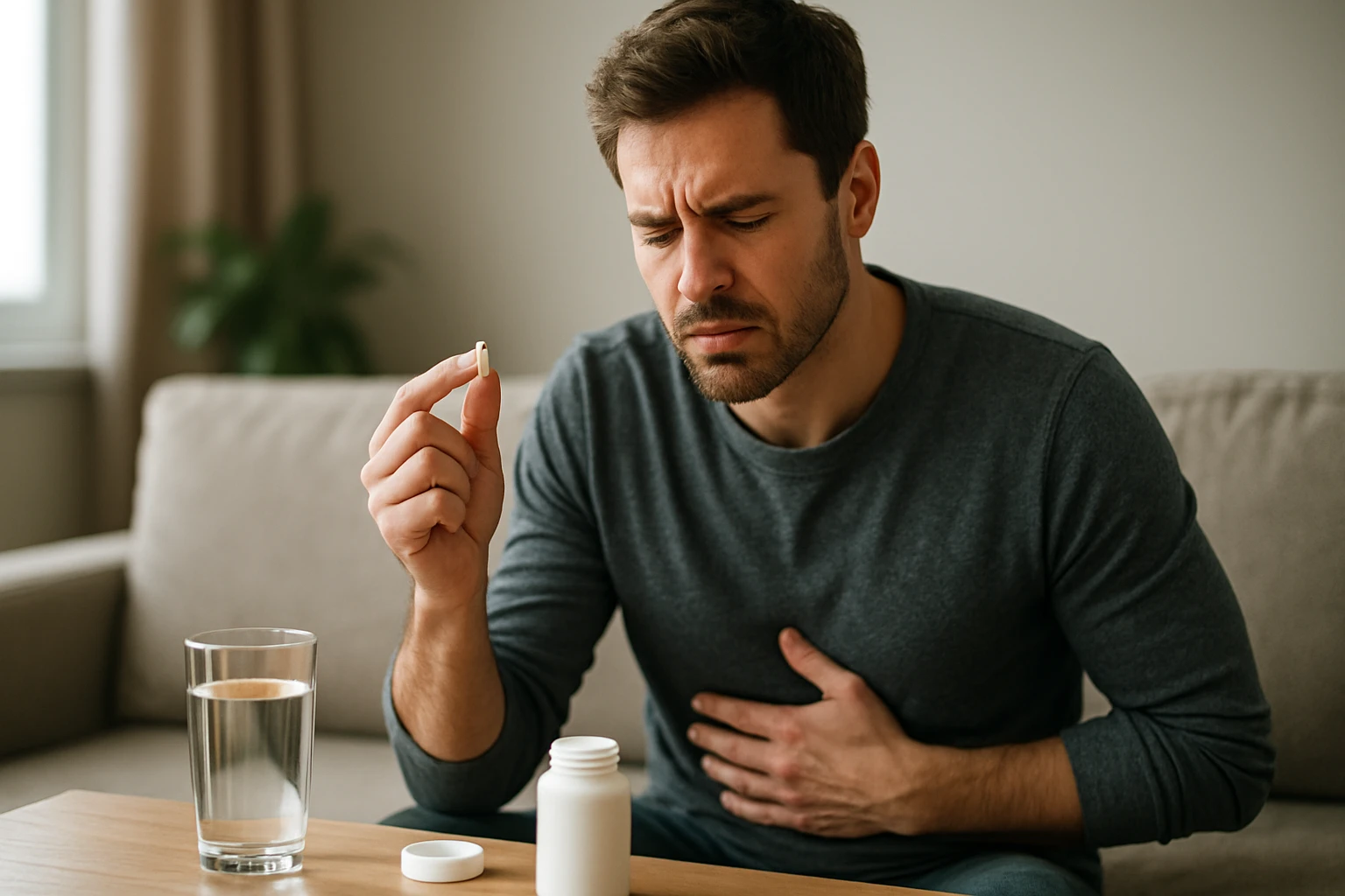 Muž rozmýšľa o užití kapsúl Gasztonax na zlepšenie trávenia.