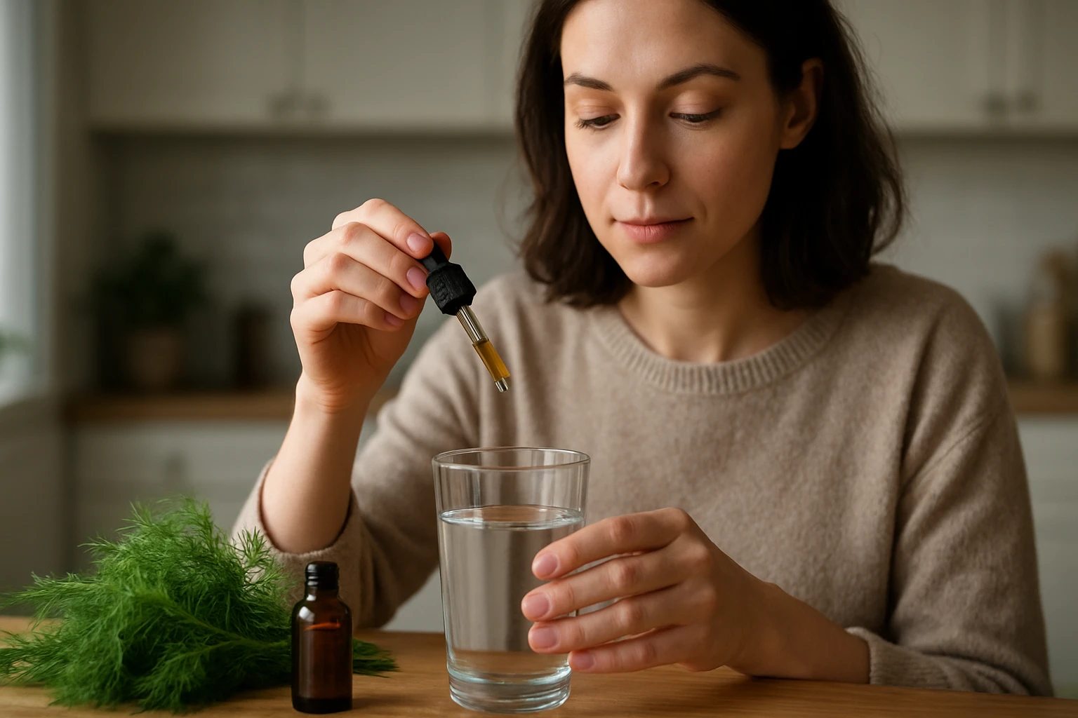 Žena pridáva kôprový extrakt do pohára s vodou na stôl