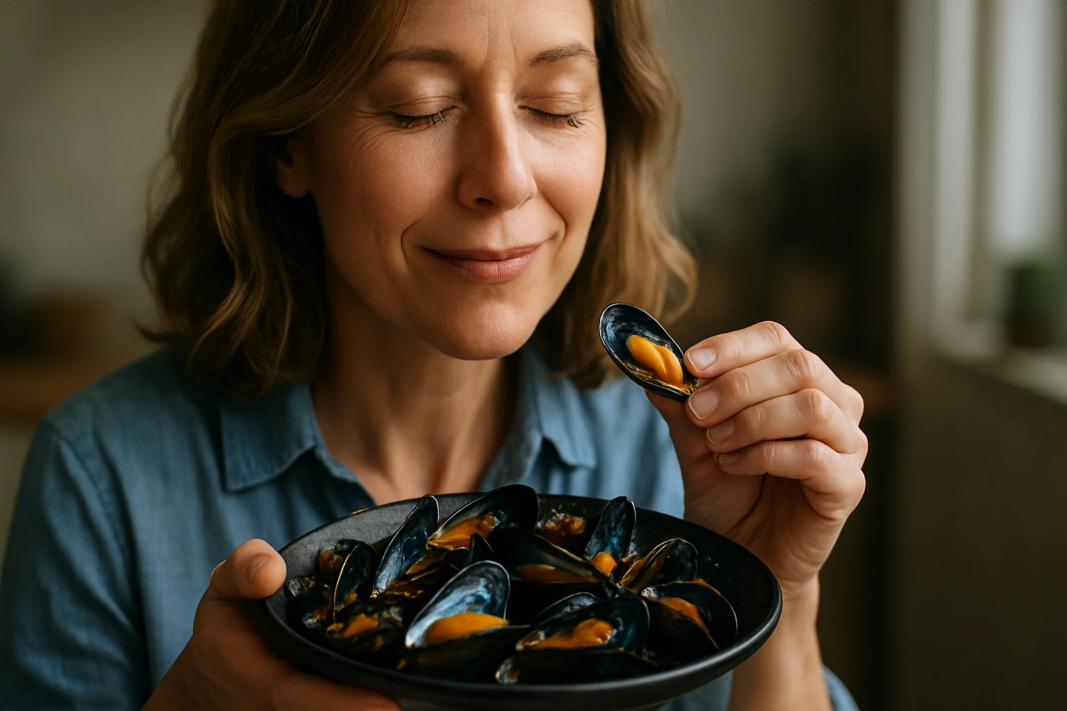 Žena vychutnáva modré mušle z misky, pavučina zdravia.