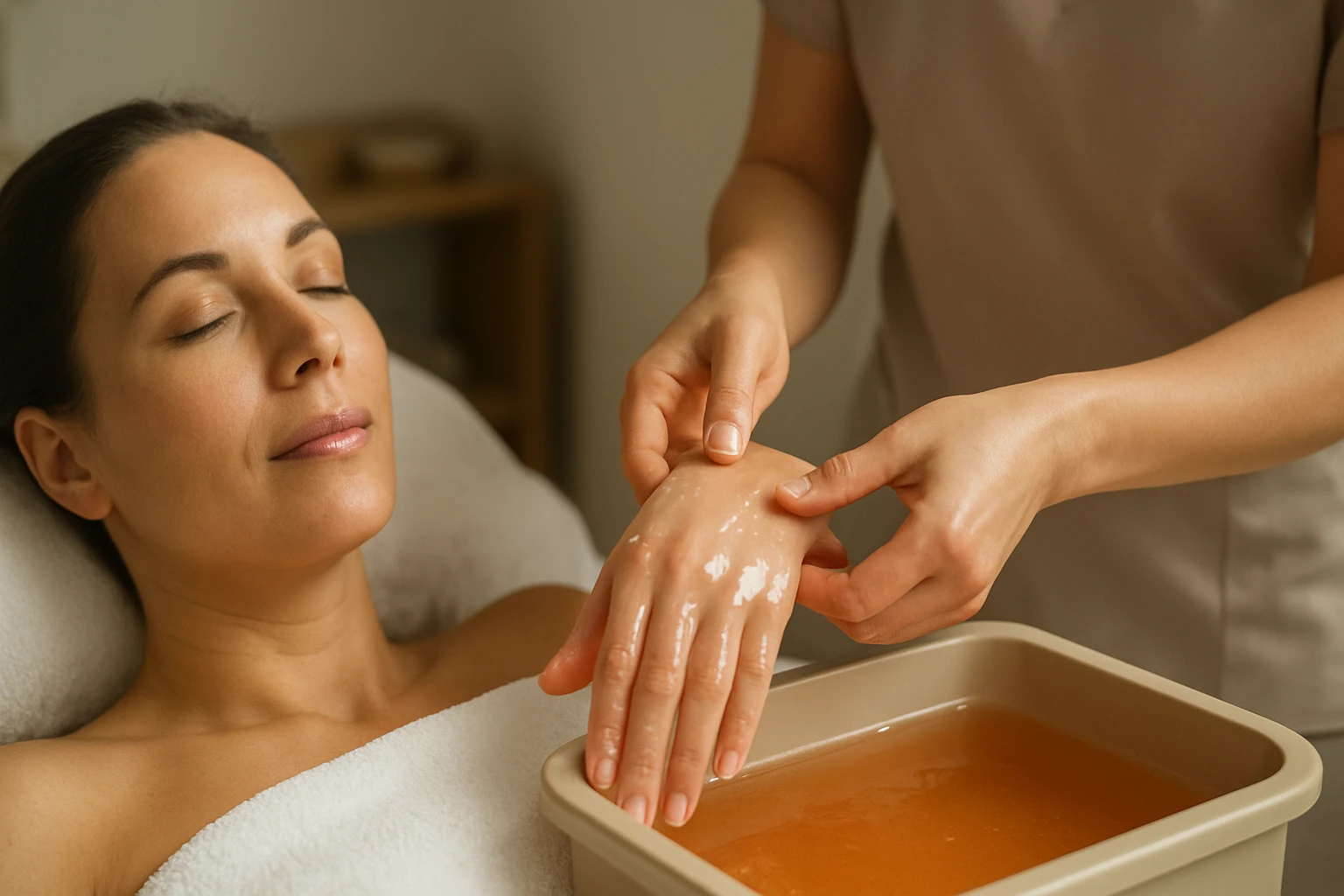 Žena zažíva parafínovú starostlivosť na ruky v salóne.