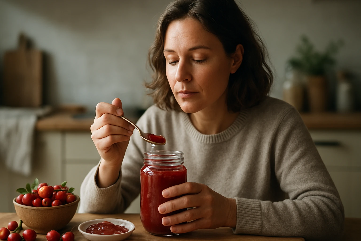 Žena vychutnávajúca si šípkový lekvár s lyžicou