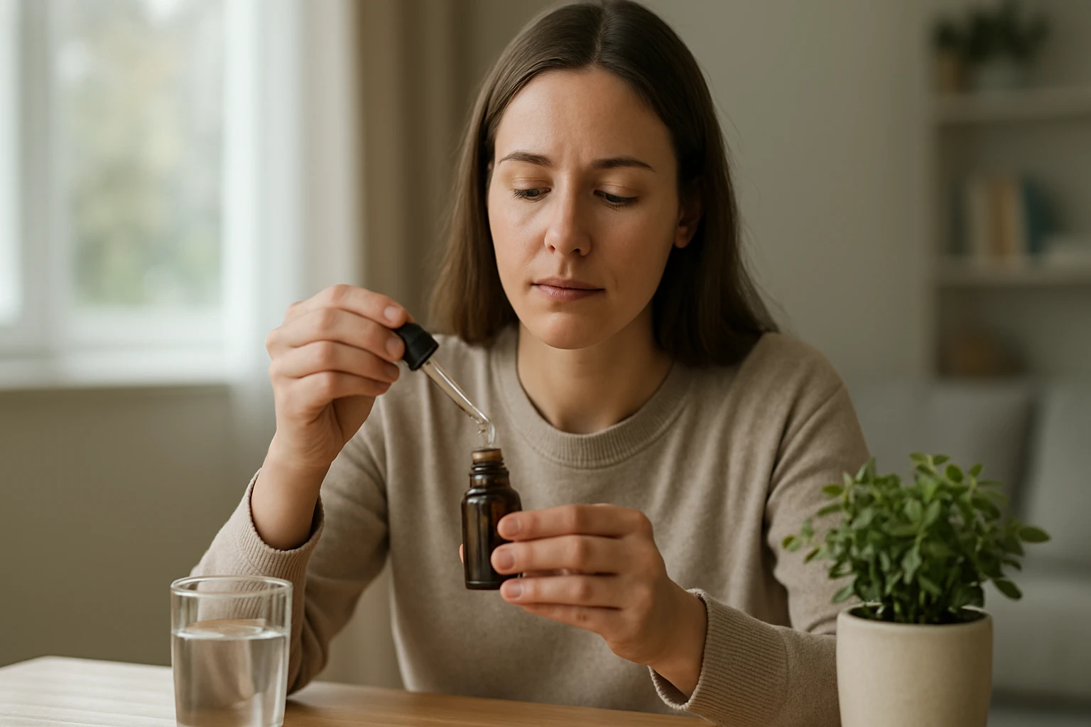 Žena používajúca terpin-hydrát z liekovky na zníženie kašľa