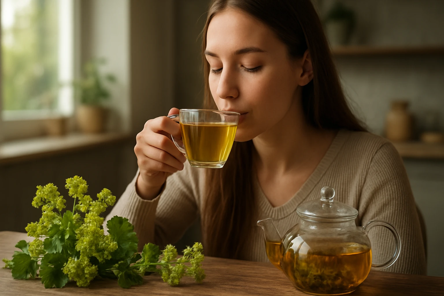 Žena si vychutnáva čaj z alchemilky na drevenom stole