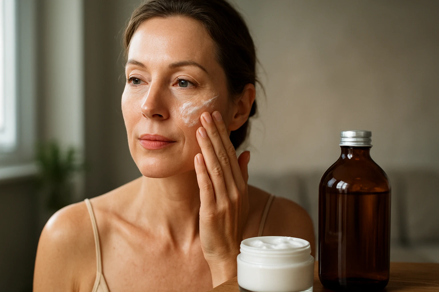 Žena nanášajúca pleťový krém na tvár pre večnú mladosť pleti.