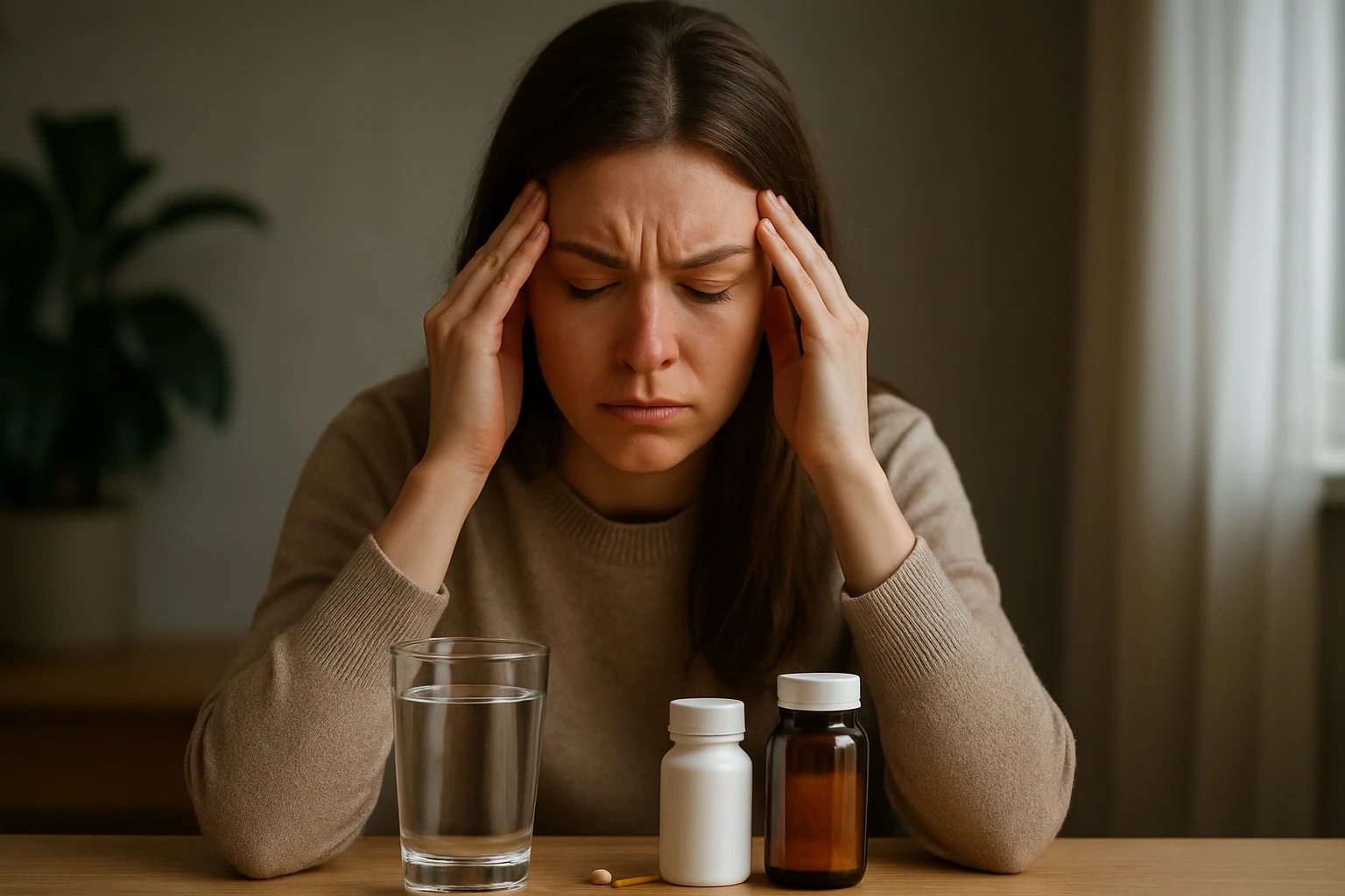 Žena má bolesti hlavy a zvažuje doplnky horčíka a vitamínu B6.